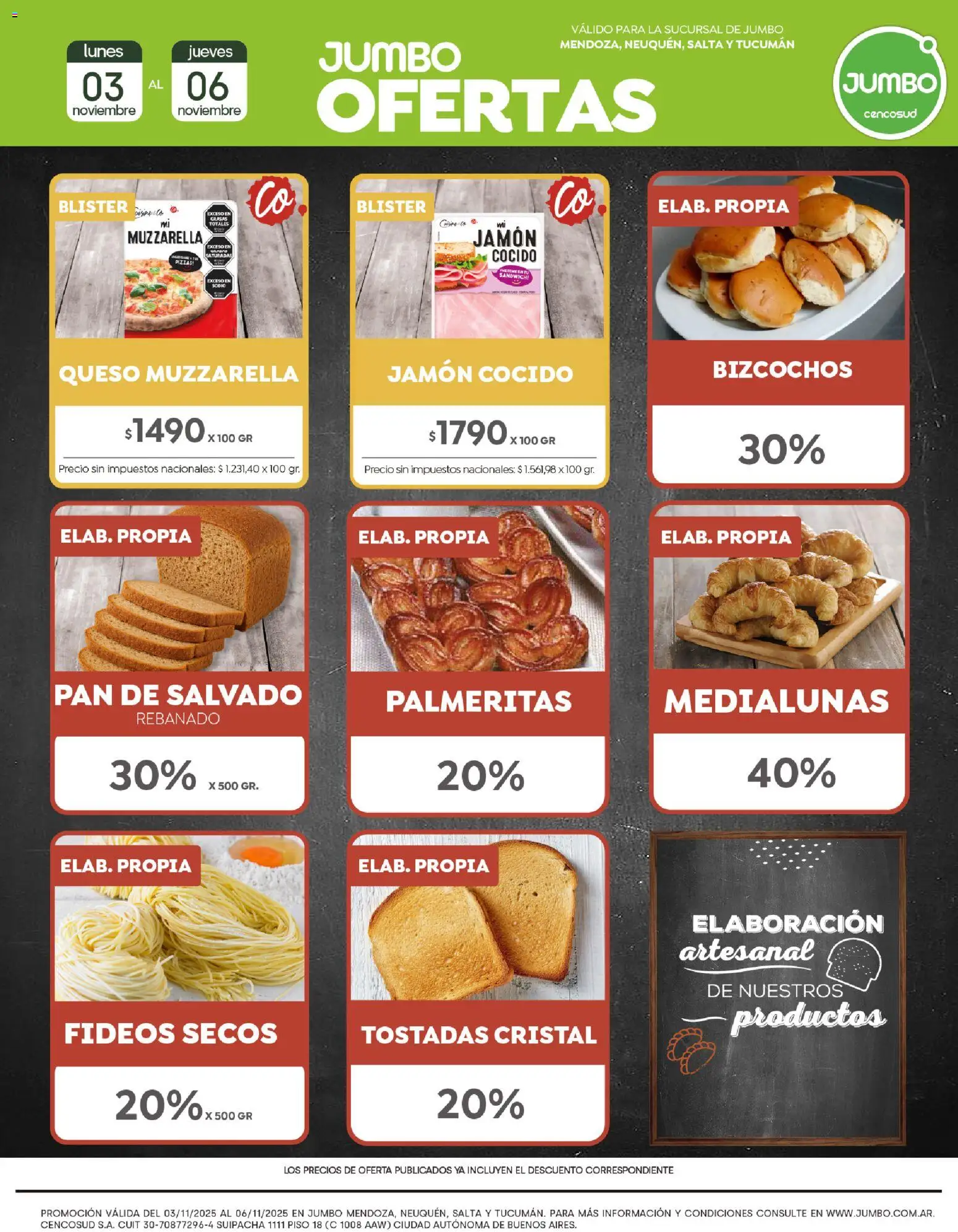 Jumbo - Ofertas | Interior │ válido desde el 03.11.2025 | Página: 1 | Productos: Jamón cocido, Muzzarella, Fideos, Bizcochos