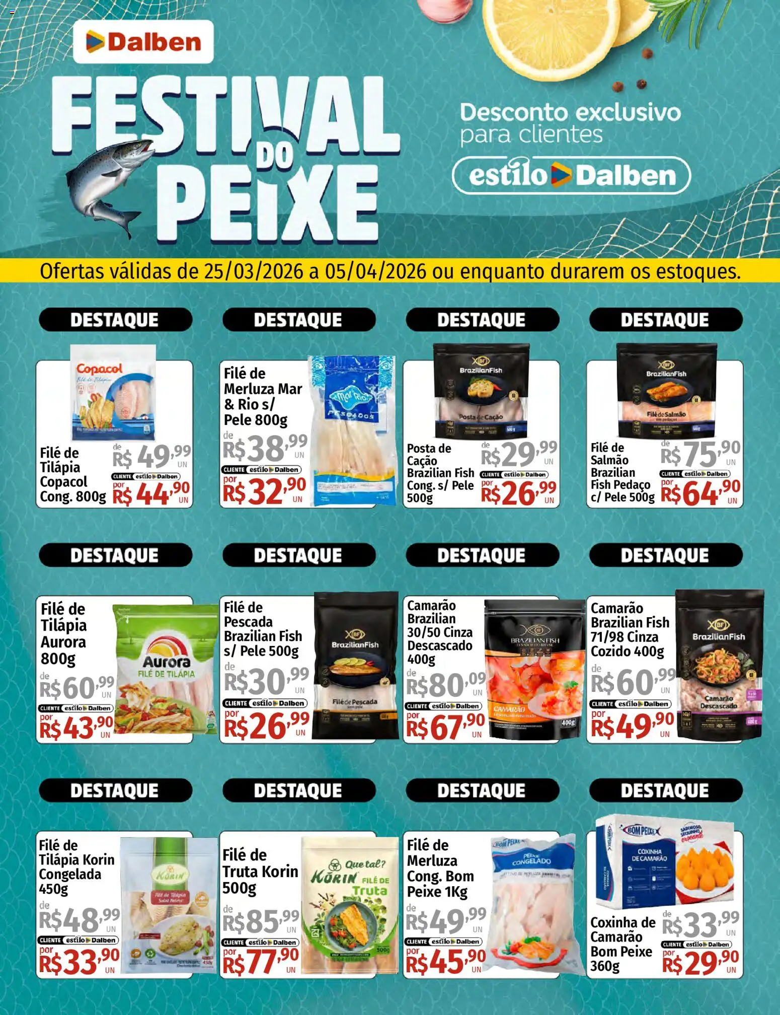 Supermercado Dalben Folheto - válido de 25.03.2026 | Página: 1 | Produtos: Salmão, Camarão, Tilápia, Filé de tilápia