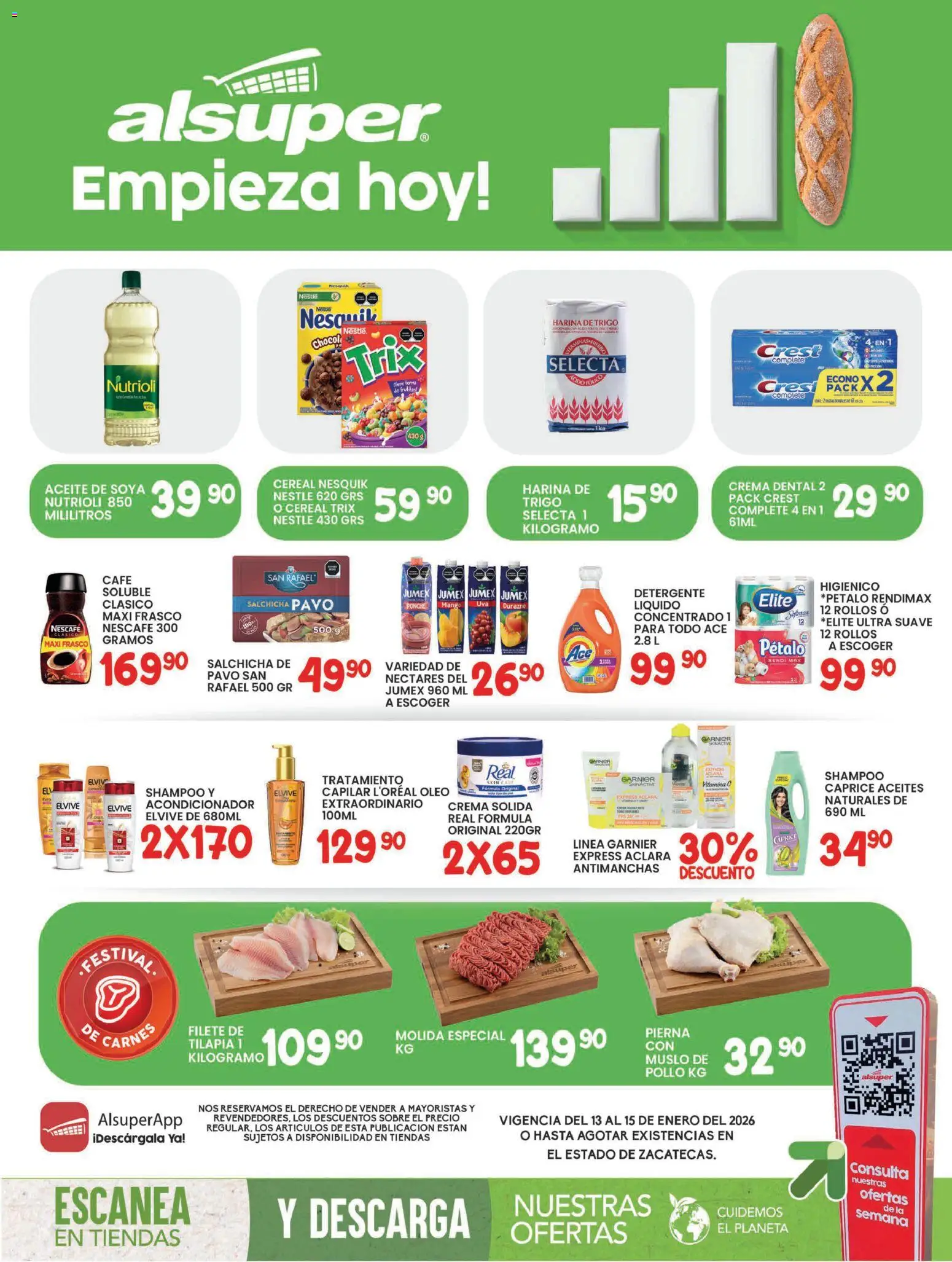 Nuevas ofertas de Alsuper válidas en toda la República Mexicana desde el 13.01.2026. ¡Encuentra las mejores ofertas en Alsuper folleto Zacatecas! | Página: 1 | Productos: Detergente, Harina, Crema, Frasco