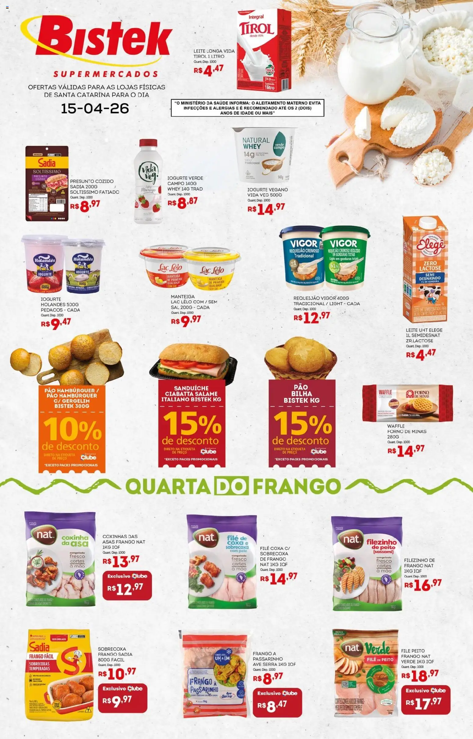 Bistek Supermercados Folheto - válido de 15.04.2026 | Página: 1 | Produtos: Leite, Pão, Presunto, Sal