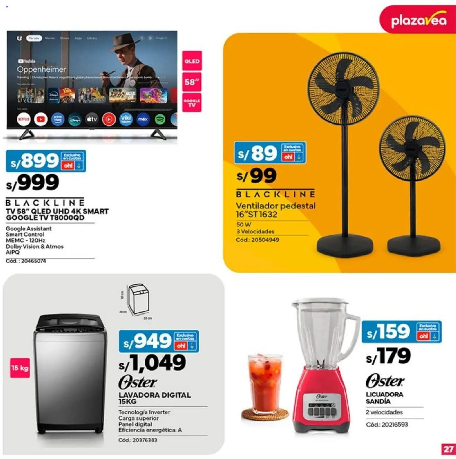 Catálogo Plaza Vea válido desde 21.11.2025 | Página: 27 | Productos: Lavadora, Ventilador, Licuadora