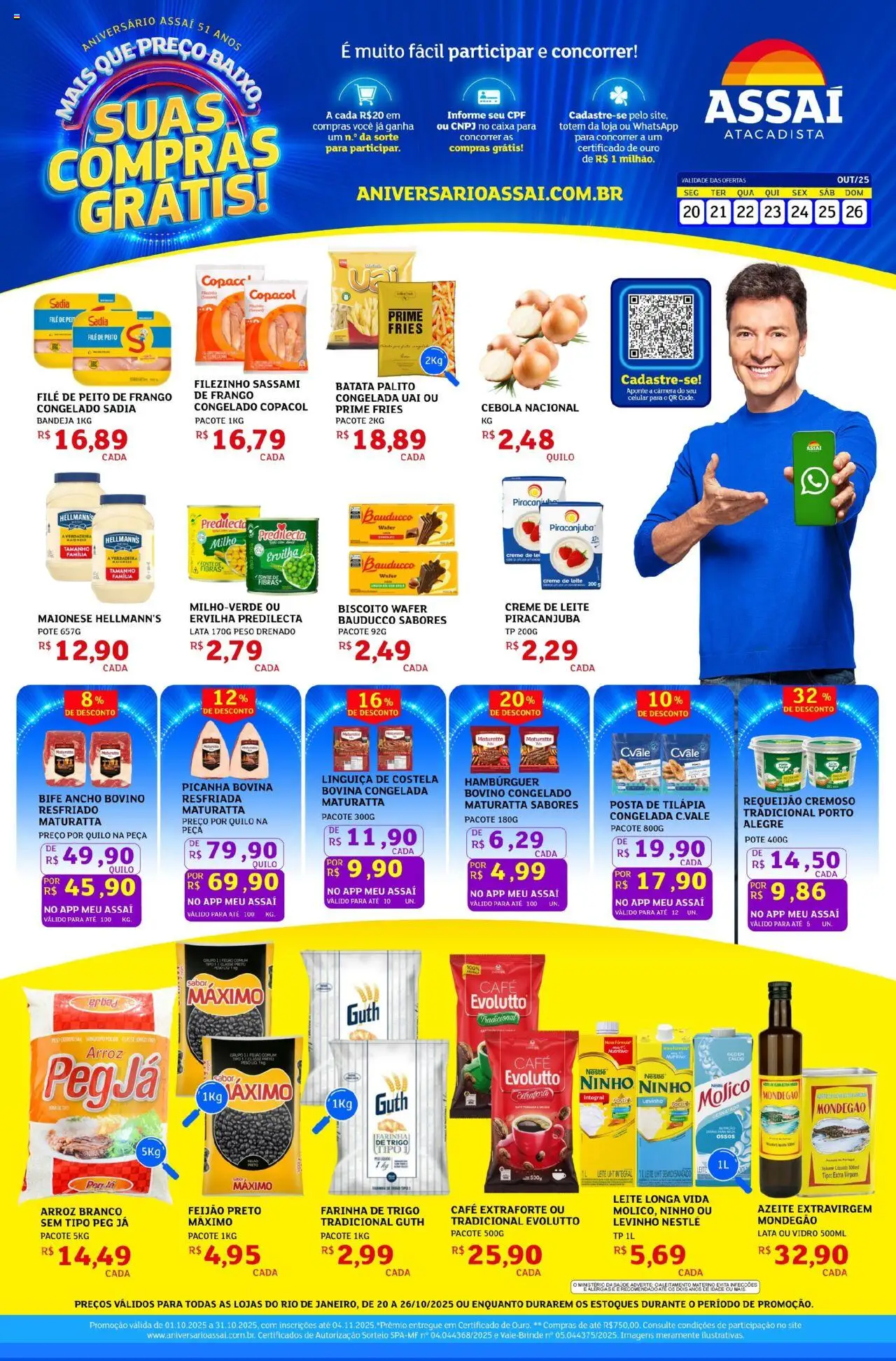 Assaí Atacadista Folheto - válido de 20.10.2025 | Página: 1 | Produtos: Leite, Café, Creme, Peito de frango