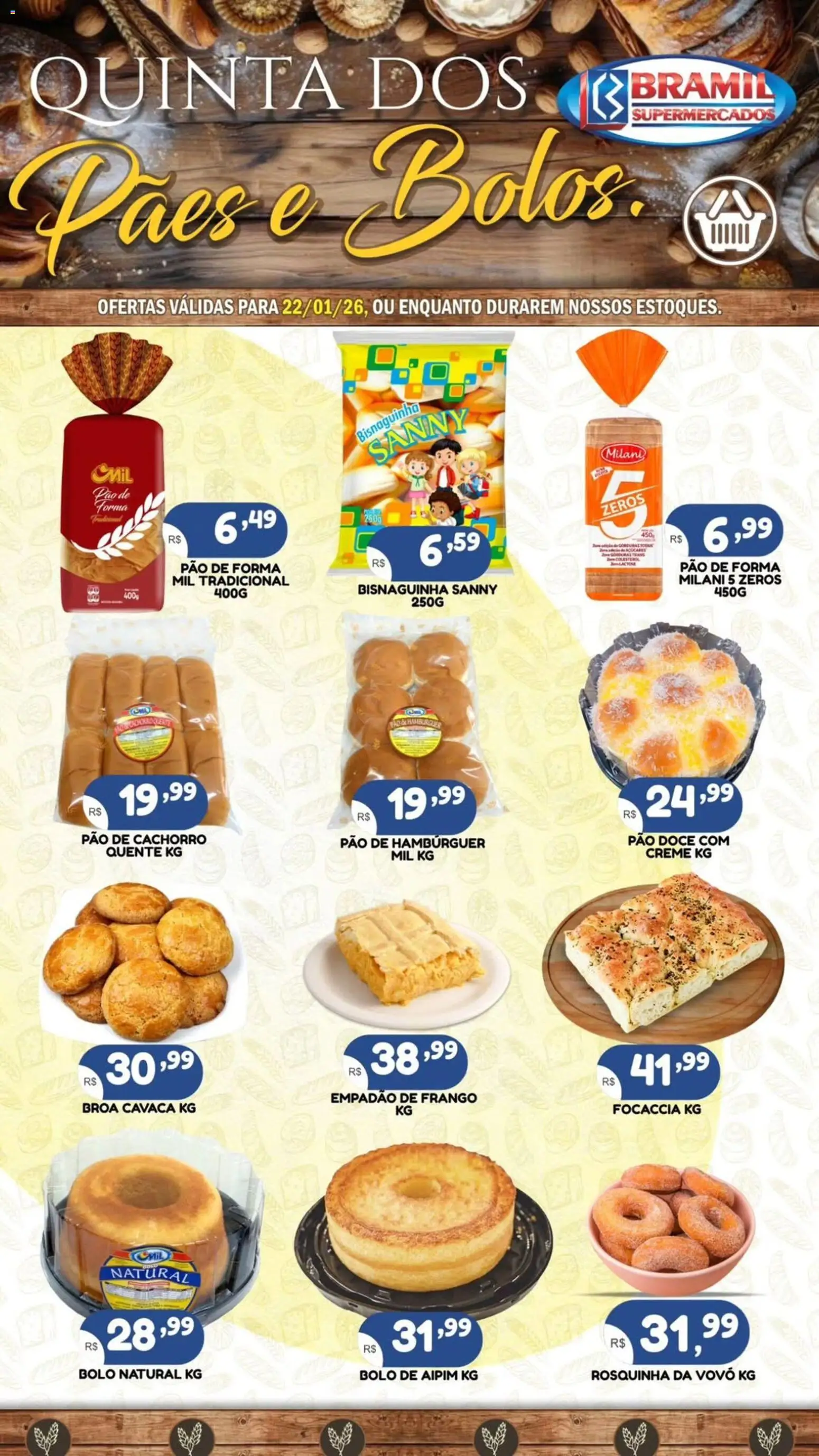 Bramil Supermercados Folheto - válido de 22.01.2026 | Página: 1 | Produtos: Aipim, Creme, Hambúrguer, Frango