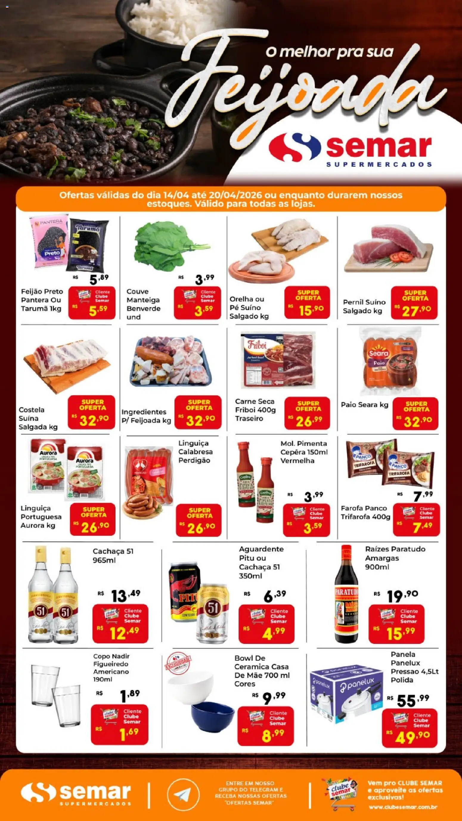 Semar Supermercado Folheto - válido de 14.04.2026 | Página: 1 | Produtos: Linguiça, Carne, Cachaça 51, Couve