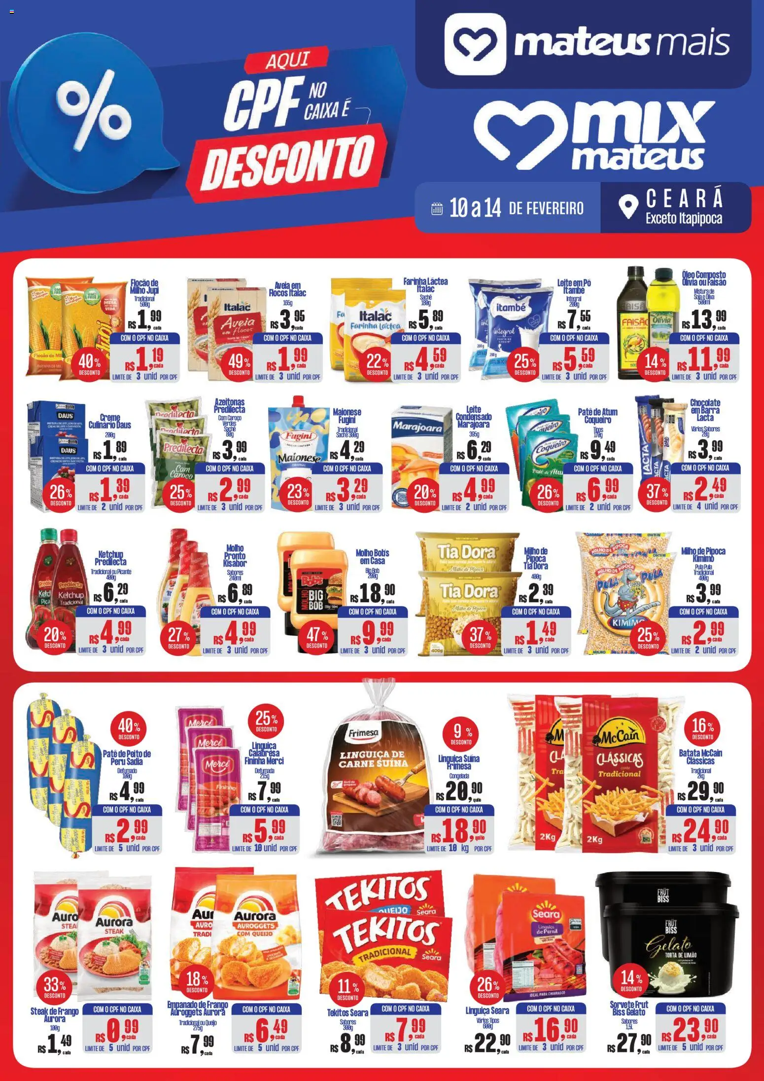 Mateus Folheto - válido de 10.02.2026 | Página: 1 | Produtos: Leite, Carne, Flocos, Pipoca