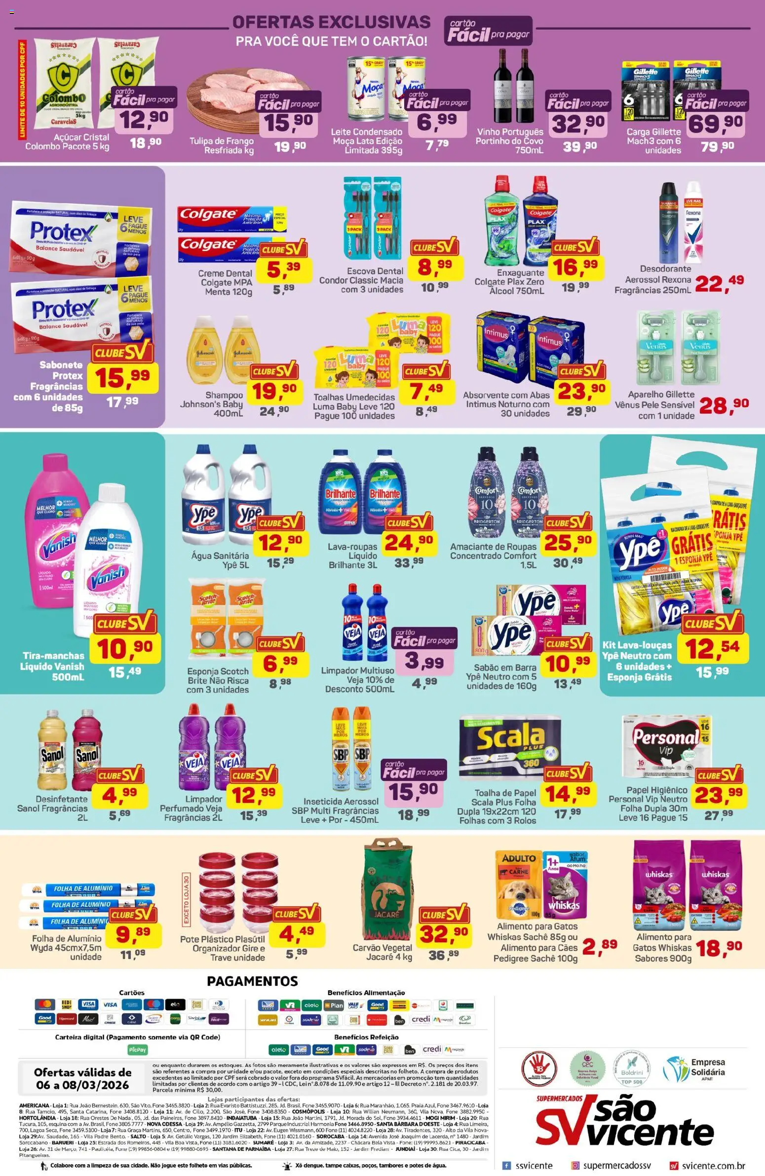 Supermercados São Vicente Folheto - válido de 06.03.2026 | Página: 4 | Produtos: Escova, Vanish, Papel higiênico, Água sanitária