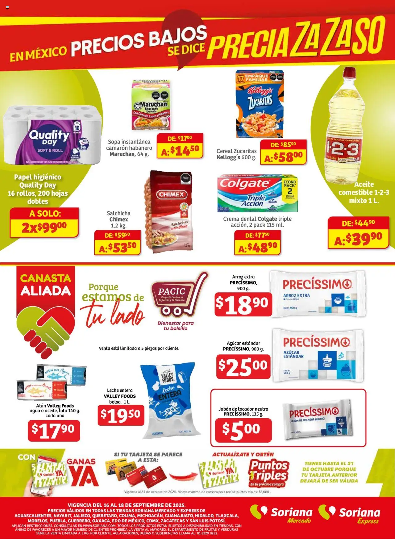 Nuevas ofertas de Soriana válidas en toda la República Mexicana desde el 16.09.2025. ¡Encuentra las mejores ofertas en Soriana - Frescos del Mandado Mercado: Ags, Nay, Jal, Qro, Col, Mich, Gto, Hgo, Tlax, Mor, Pue, Gro, Oax, Edo. de Mex, CDMX, Zac ySLP! | Página: 4 | Productos: Crema, Leche, Arroz, Jabón
