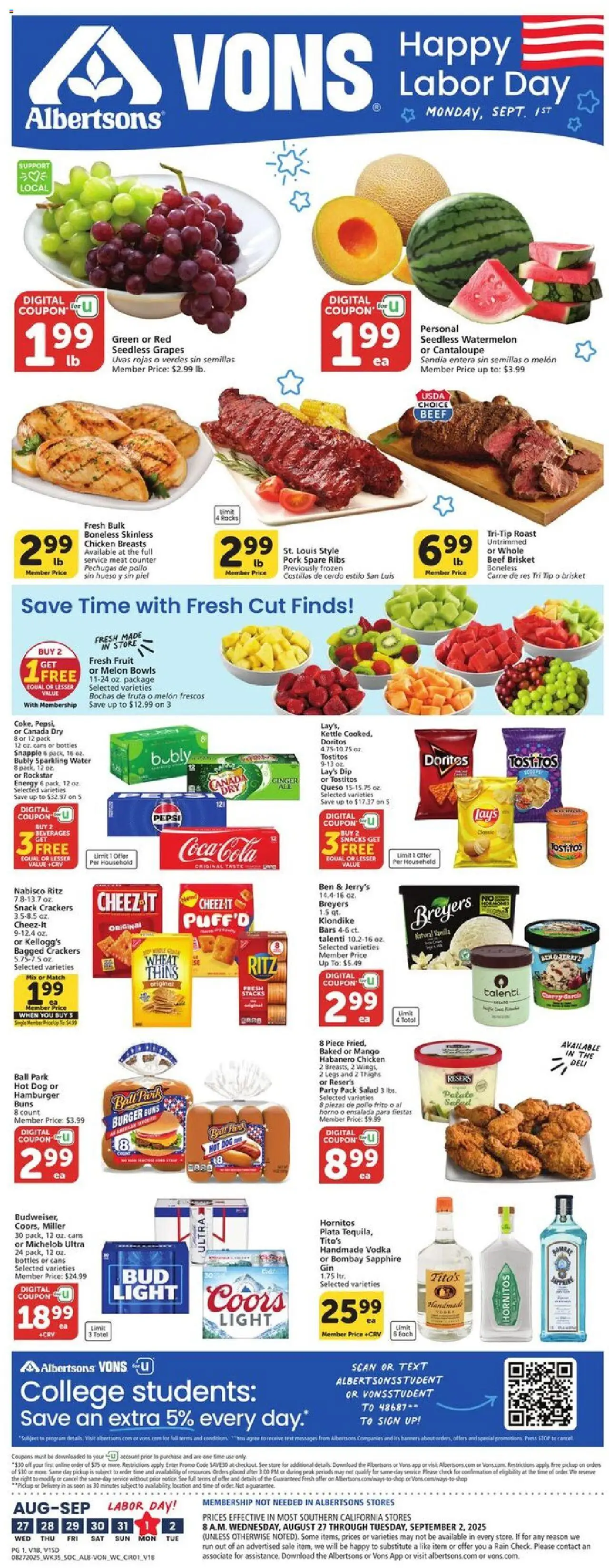 Vons Weekly Ad - valid from 27.08.2025 | Page: 1 | Products: Press, Ginger, Beef, Water