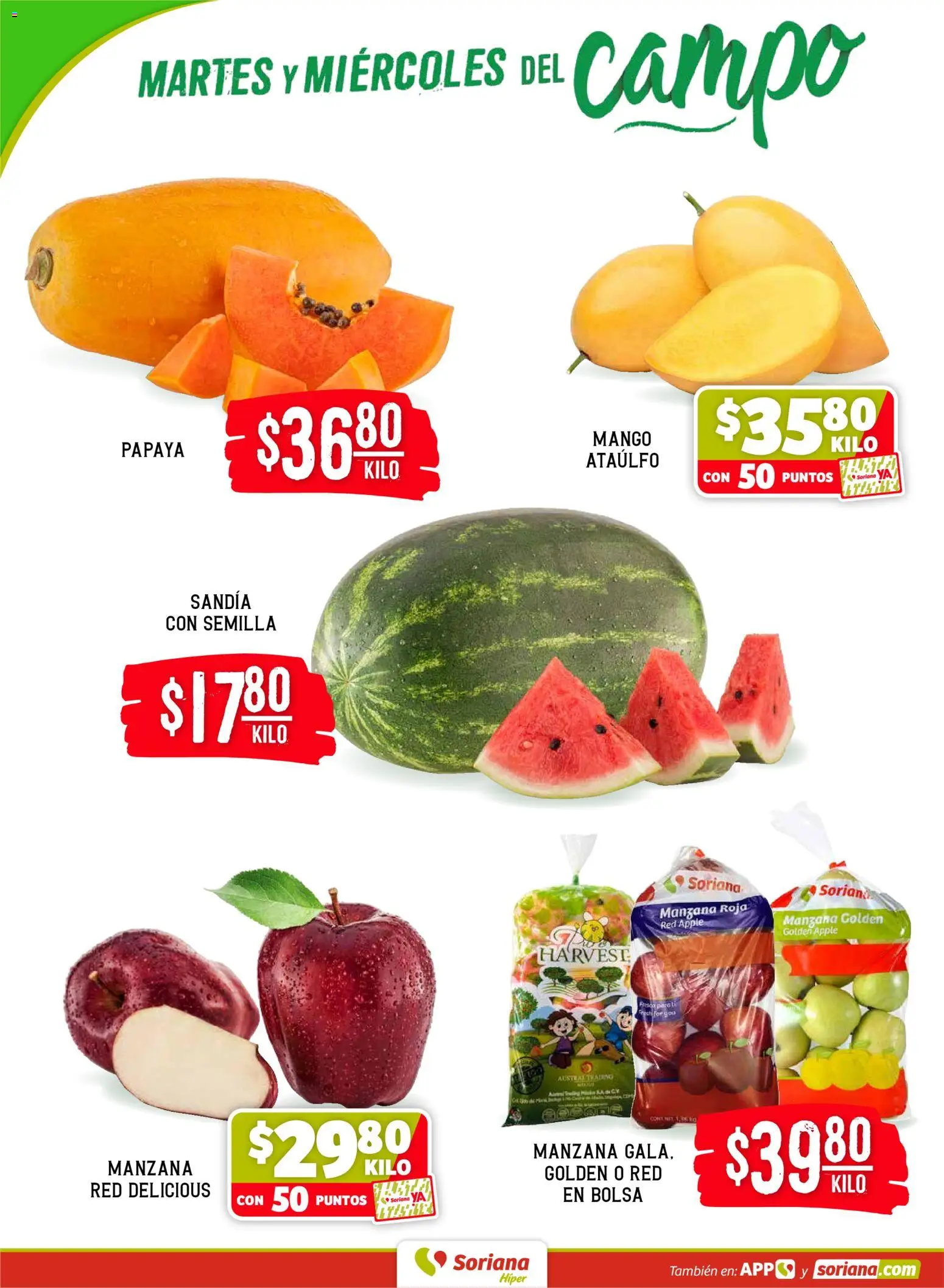 Nuevas ofertas de Soriana válidas en toda la República Mexicana desde el 07.04.2026. ¡Encuentra las mejores ofertas en Soriana Martes y Miércoles del Campo Híper: Ver, Tab, Chis, Camp, Yuc y Q. Roo! | Página: 2 | Productos: Sandía, Bolsa, Manzana, Mango