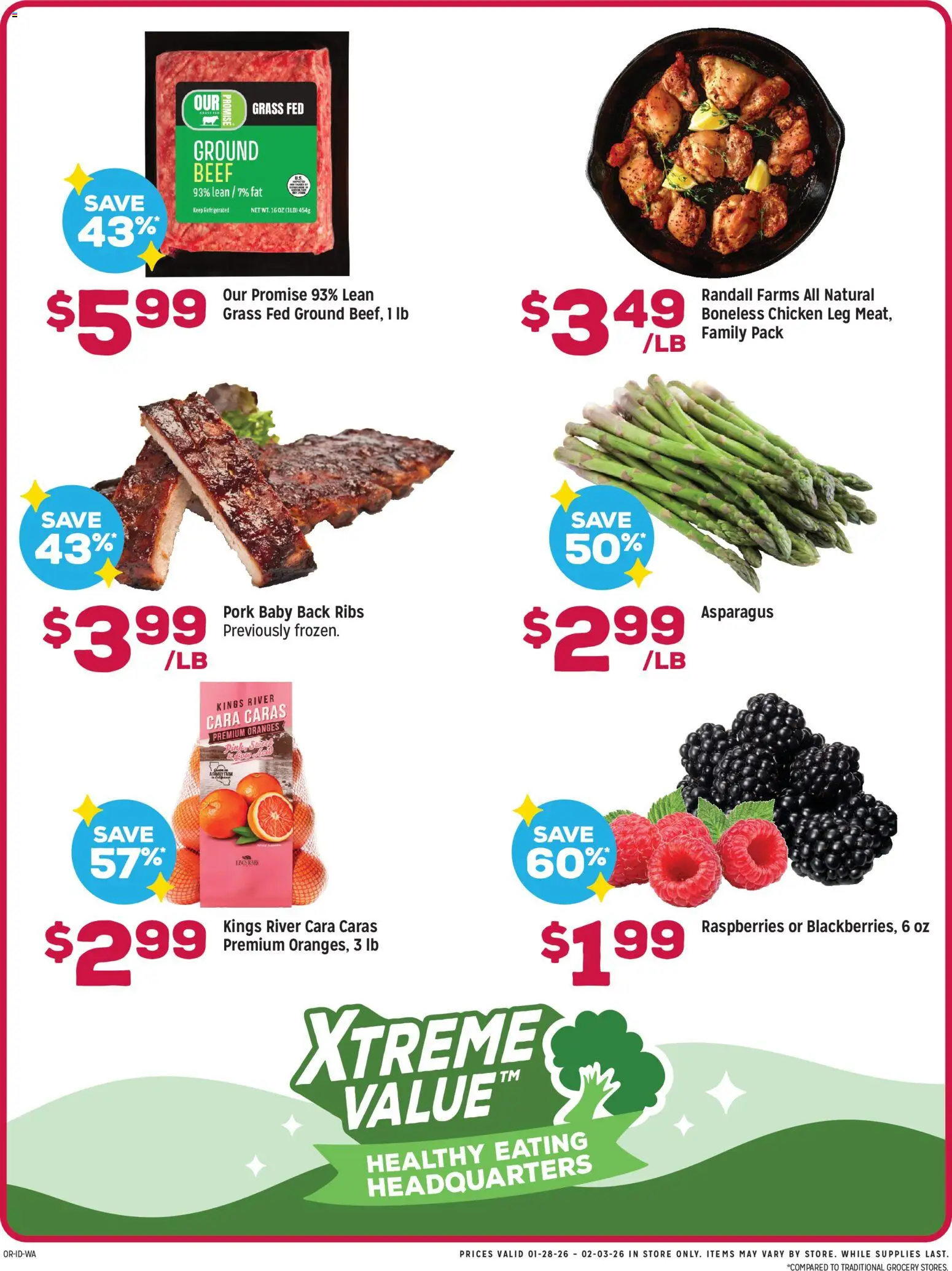 Grocery Outlet Weekly Ad - ID - valid from 28.01.2026 | Page: 2 | Products: Asparagus, Pork, Oranges, Beef