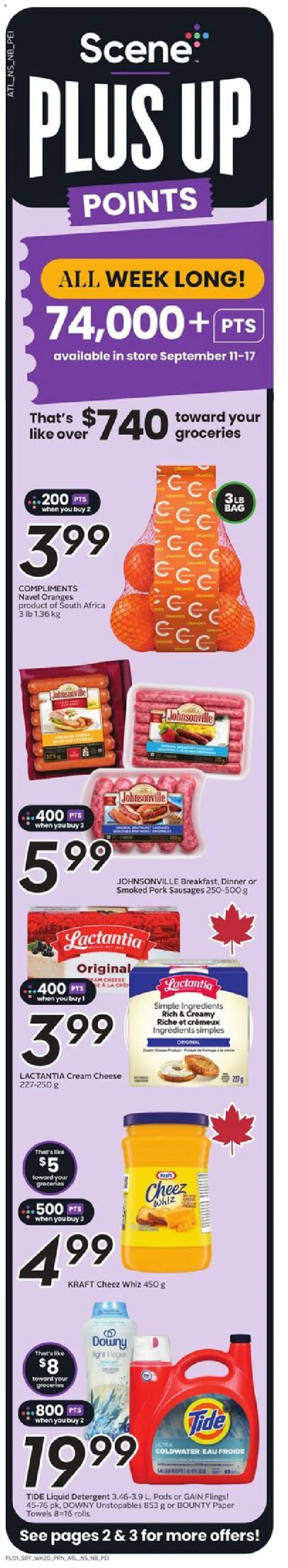 Sobeys flyer valid from 11.09.2025 | Page: 2 | Products: Detergent, Cheese, Pork, Oranges