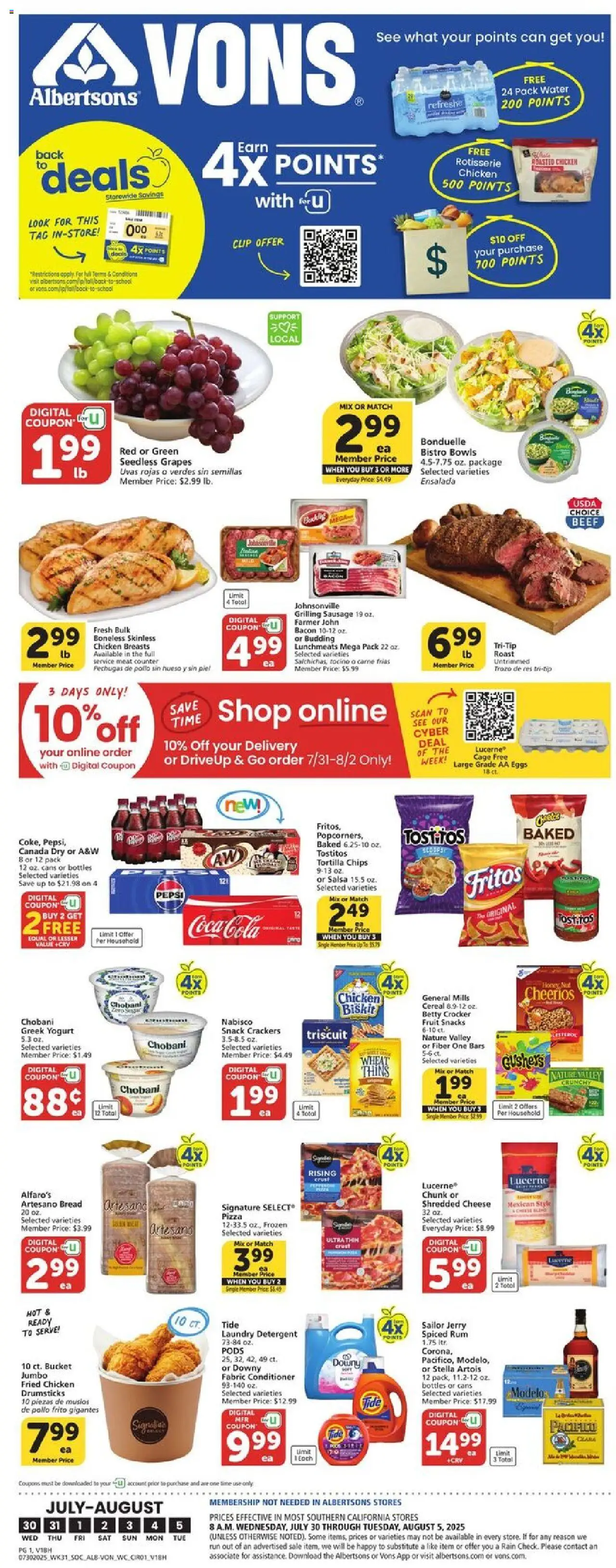 Vons Weekly Ad - valid from 30.07.2025 | Page: 1 | Products: Yogurt, Pizza, Beef, Sausage
