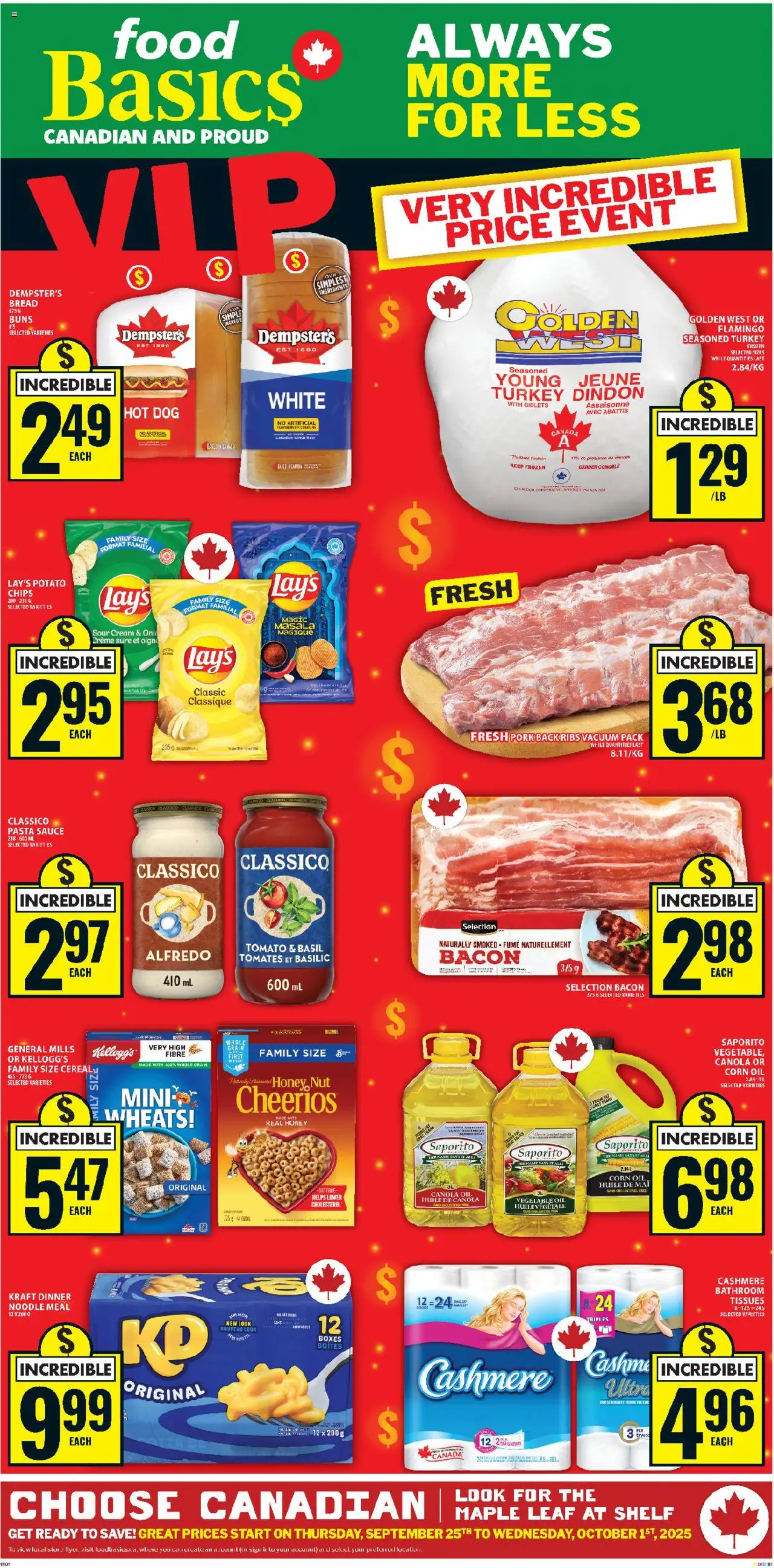 Food Basics flyer valid from 25.09.2025 | Page: 1 | Products: Chips, Cream, Turkey, Shelf