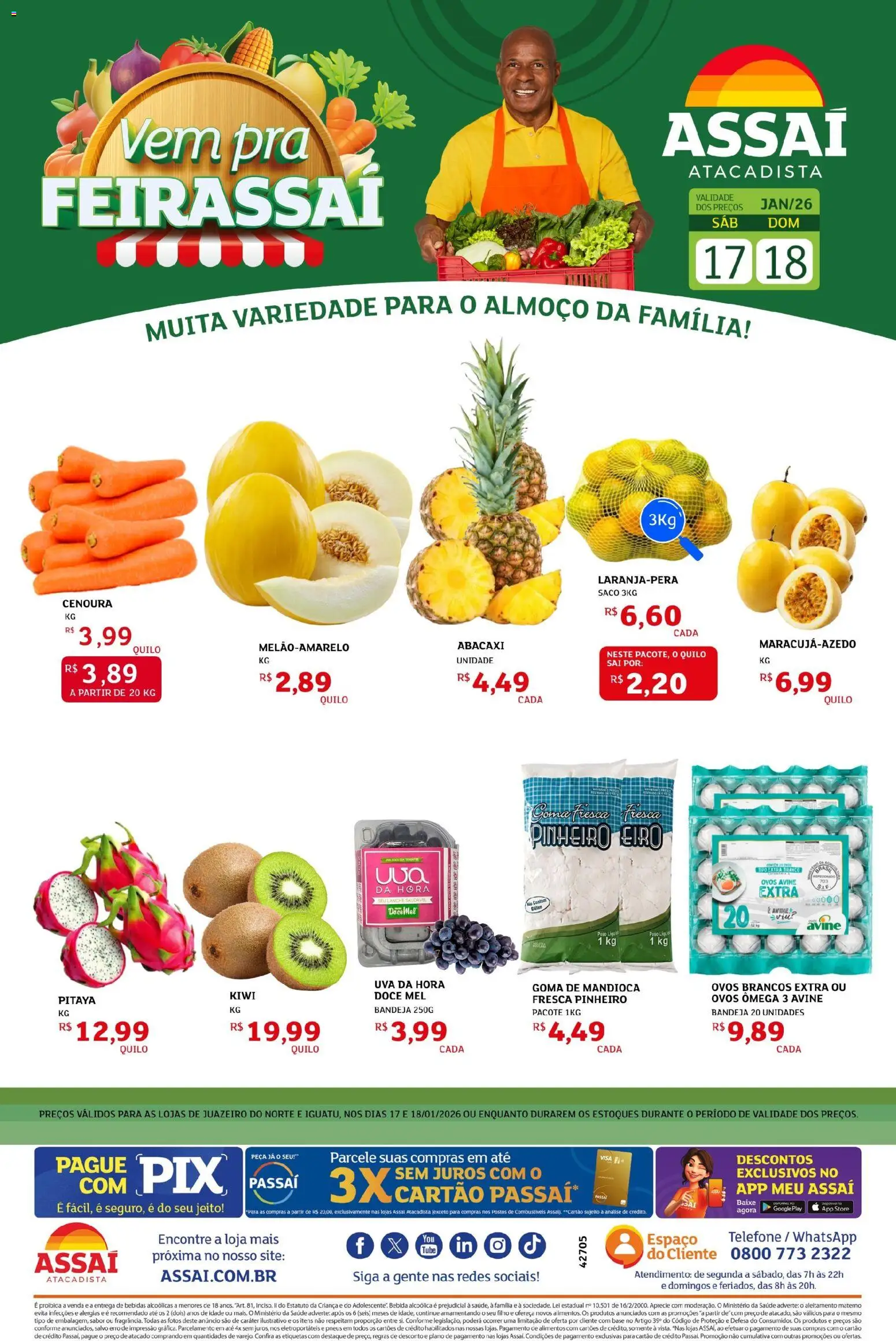 Assaí Atacadista Folheto - válido de 17.01.2026 | Página: 1 | Produtos: Mandioca, Pneus, Mel, Cenoura