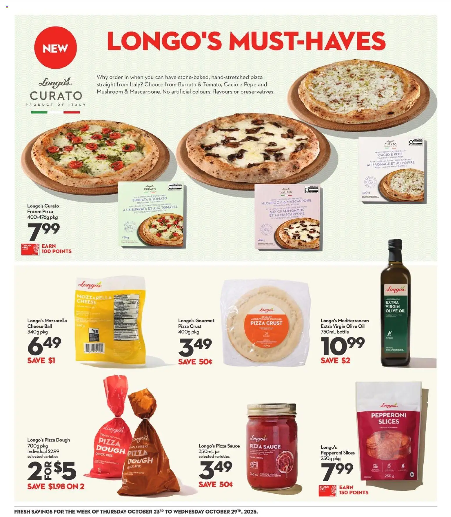 Longo's flyer valid from 23.10.2025 | Page: 12 | Products: Cheese, Oil, Pizza