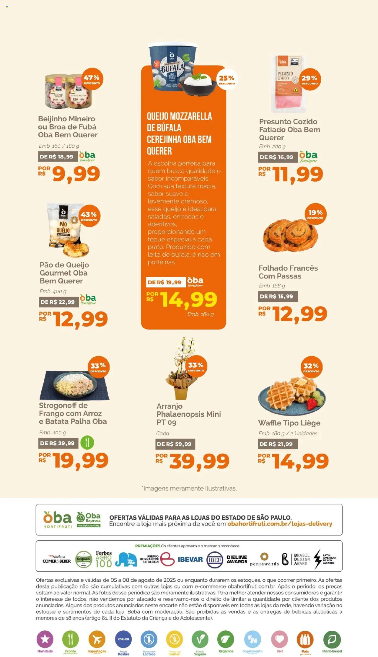 Oba Hortifruti Folheto - válido de 05.08.2025 | Página: 8 | Produtos: Fubá, Queijo, Presunto, Pão de queijo
