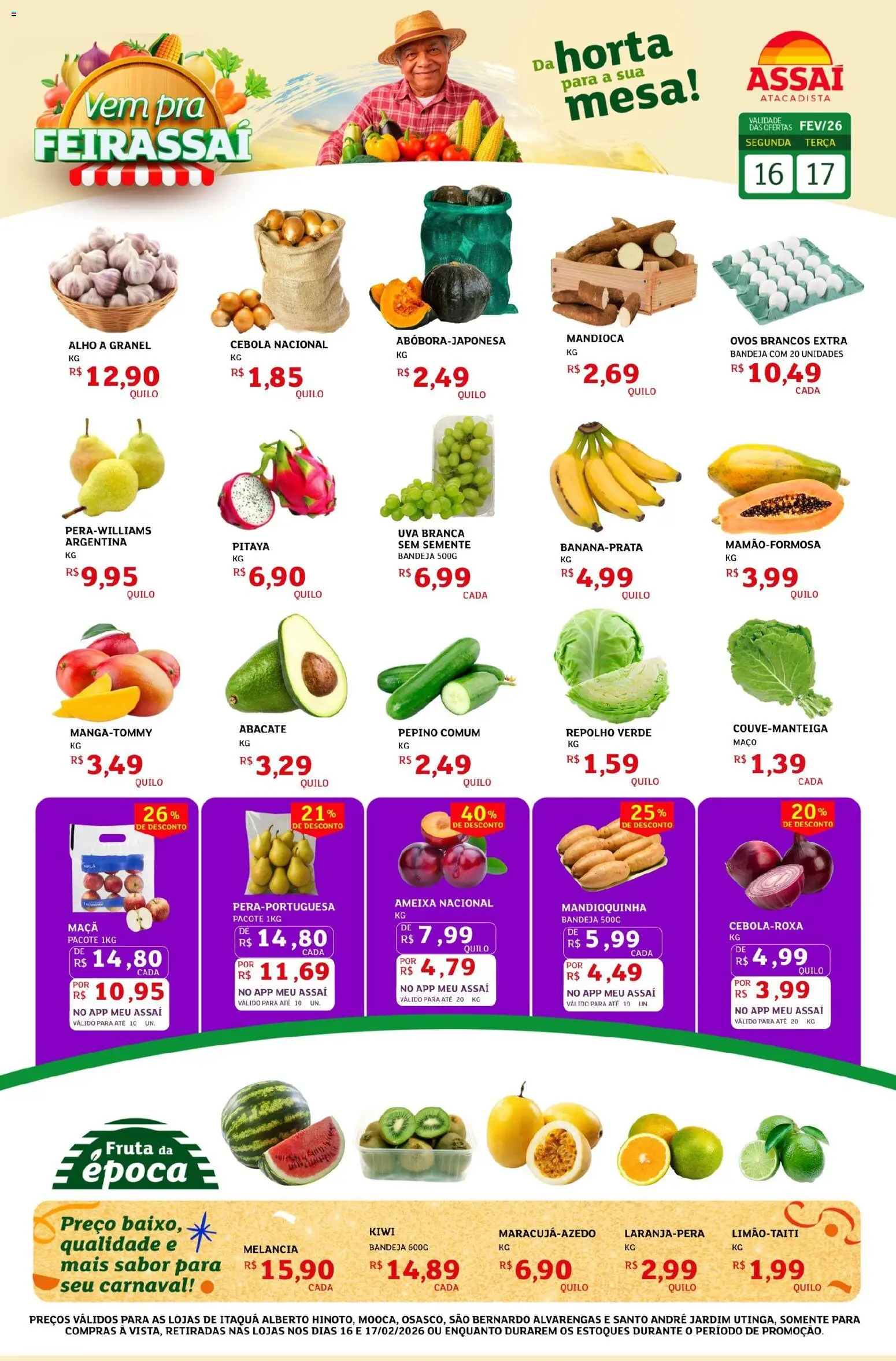 Assaí Atacadista Folheto - válido de 16.02.2026 | Página: 1 | Produtos: Mandioca, Mandioquinha, Repolho, Bandeja