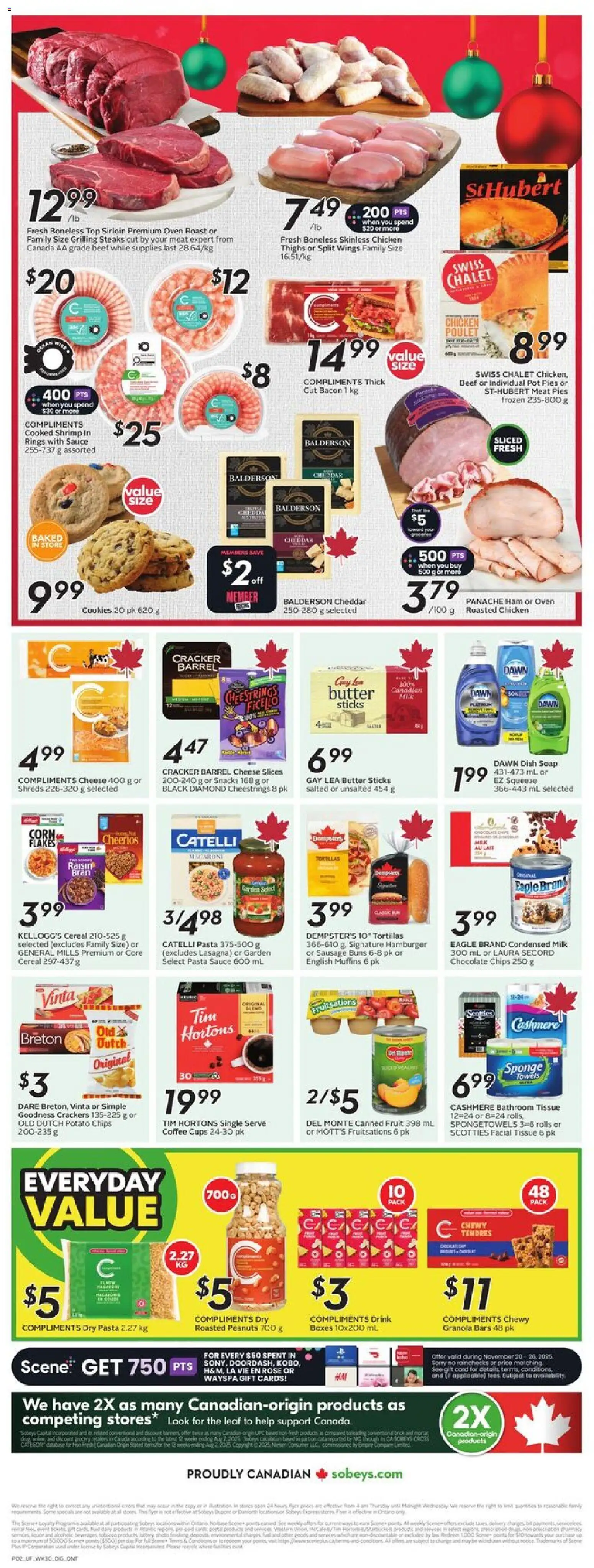 Sobeys flyer valid from 20.11.2025 | Page: 4 | Products: Beef, Pasta, Oven, Milk