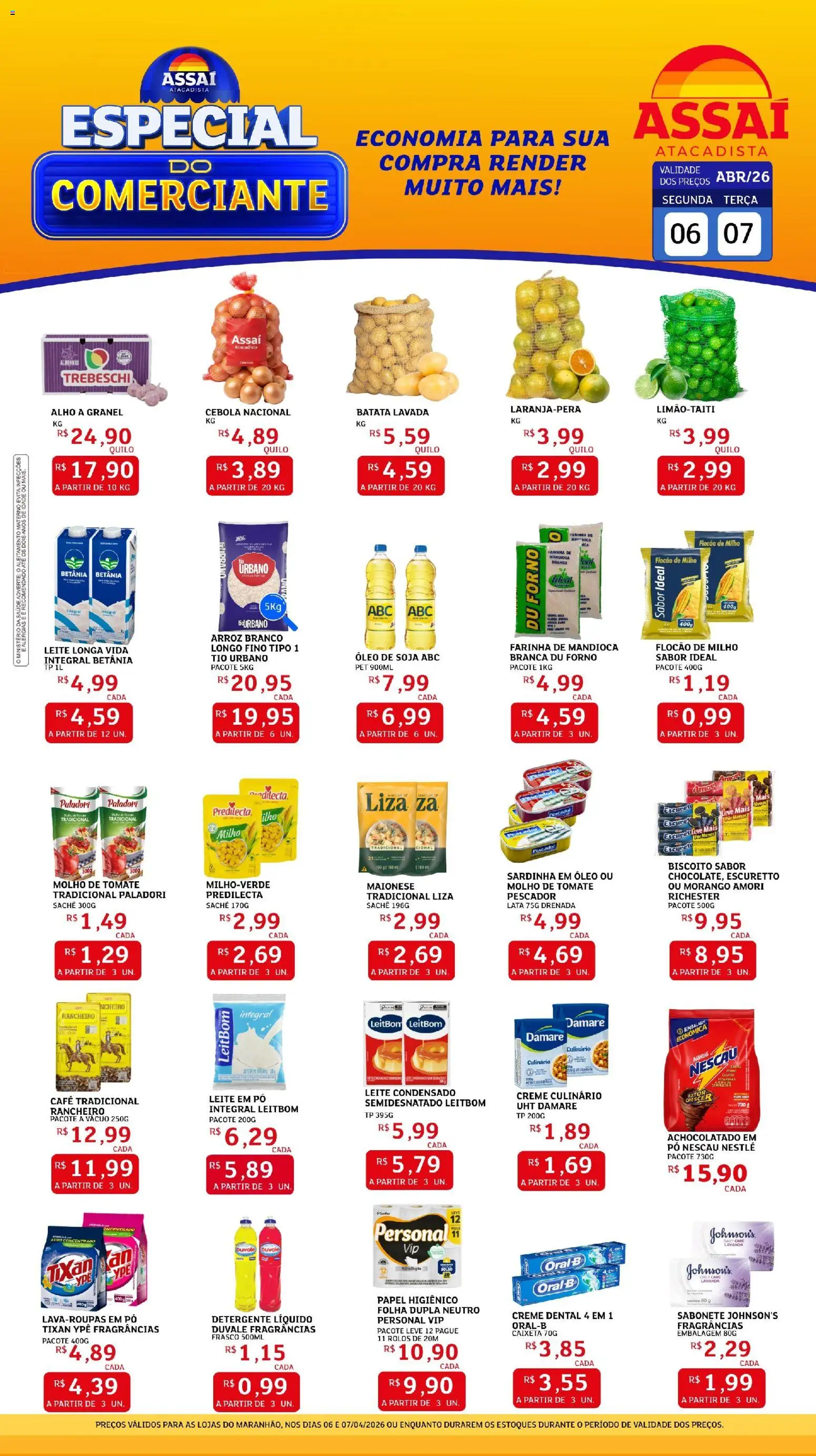 Assaí Atacadista Folheto - válido de 07.04.2026 | Página: 1 | Produtos: Cebola, Creme, Sardinha, Leite condensado