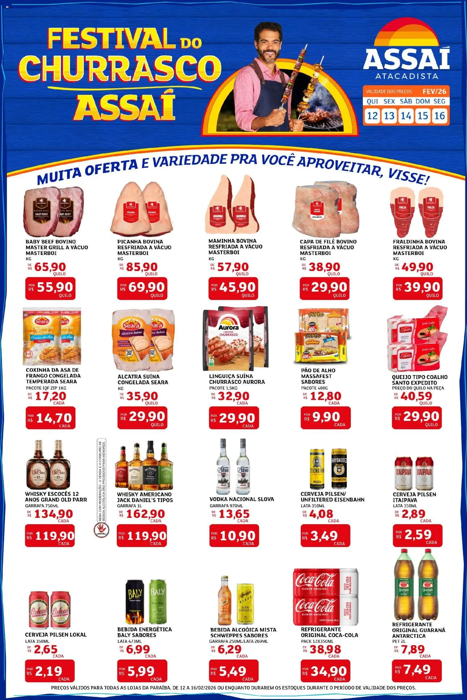 Assaí Atacadista Folheto - válido de 12.02.2026 | Página: 1 | Produtos: Guaraná, Fraldinha, Queijo, Pão
