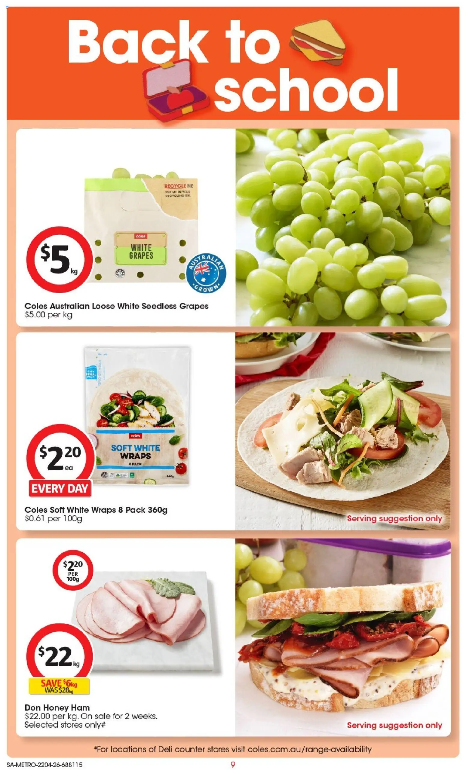 Coles catalogue - valid from 22.04.2026 | Page: 9 | Products: Ham, Honey, Grapes