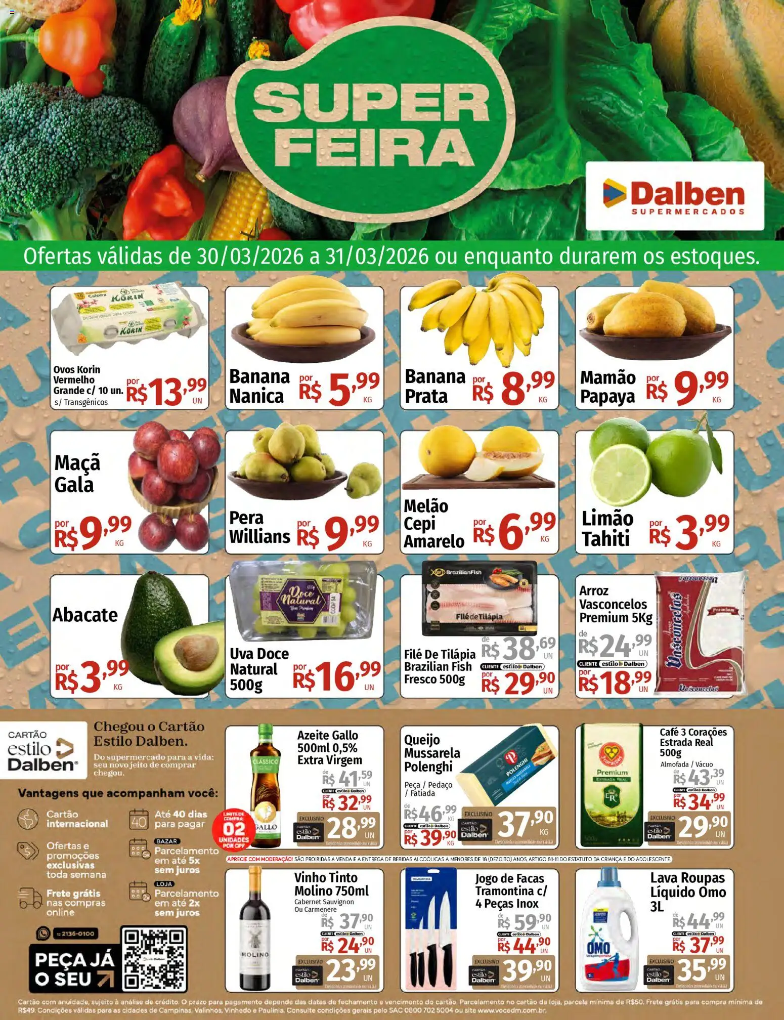 Supermercado Dalben Folheto - válido de 30.03.2026 | Página: 1 | Produtos: Melão, Queijo, Tilápia, Vinho