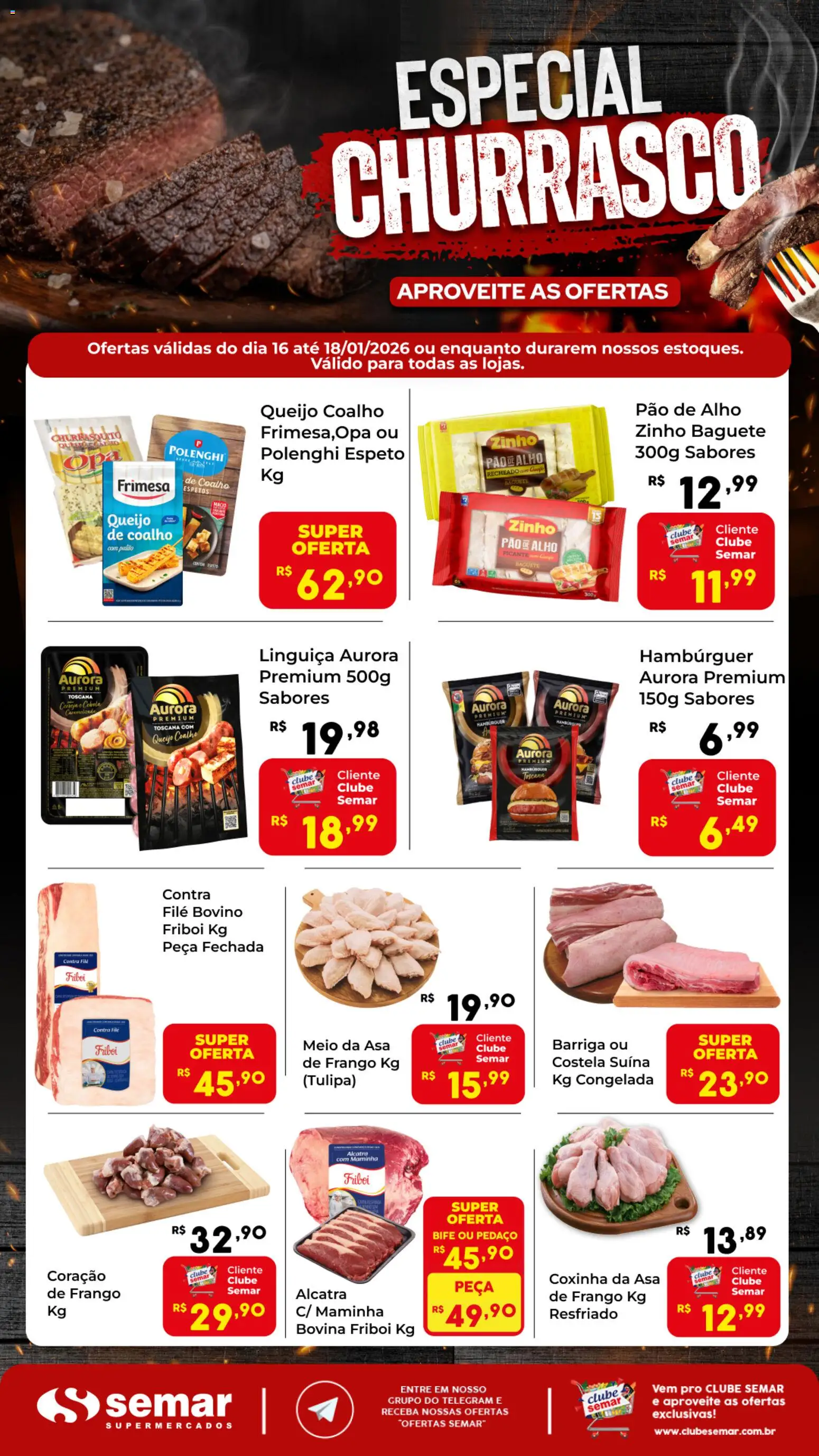 Semar Supermercado Folheto - válido de 16.01.2026 | Página: 1 | Produtos: Contra filé, Maminha, Queijo coalho, Hambúrguer