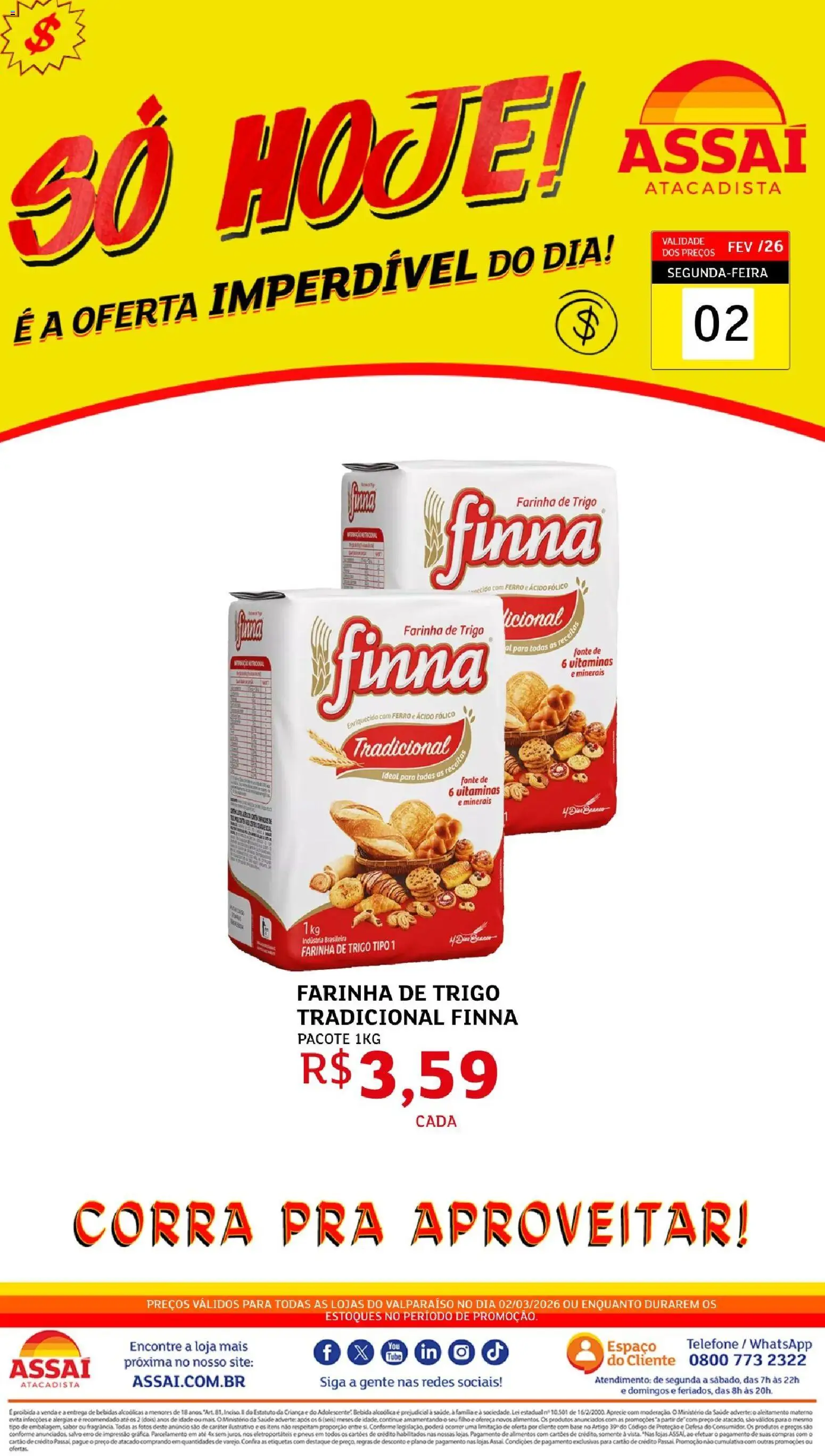 Assaí Atacadista Folheto - válido de 02.03.2026 | Página: 1 | Produtos: Farinha de trigo, Pneus, Base, Telefone