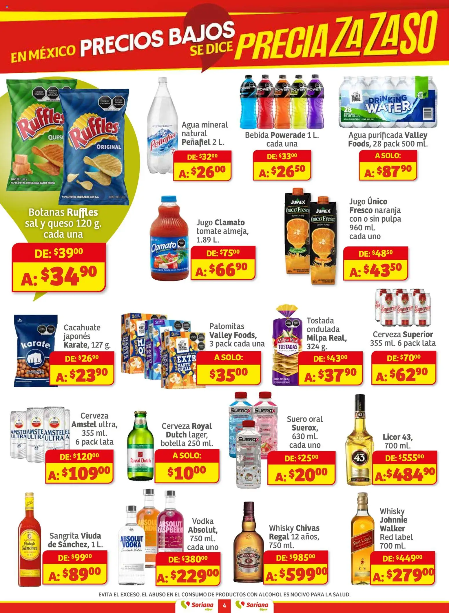 Nuevas ofertas de Soriana válidas en toda la República Mexicana desde el 27.11.2025. ¡Encuentra las mejores ofertas en Soriana - Preciazazaso Híper: Camp, Chia, Oax, Q. Roo, Tab, Yuc! | Página: 4 | Productos: Tomate, Queso, Papas fritas, Botella