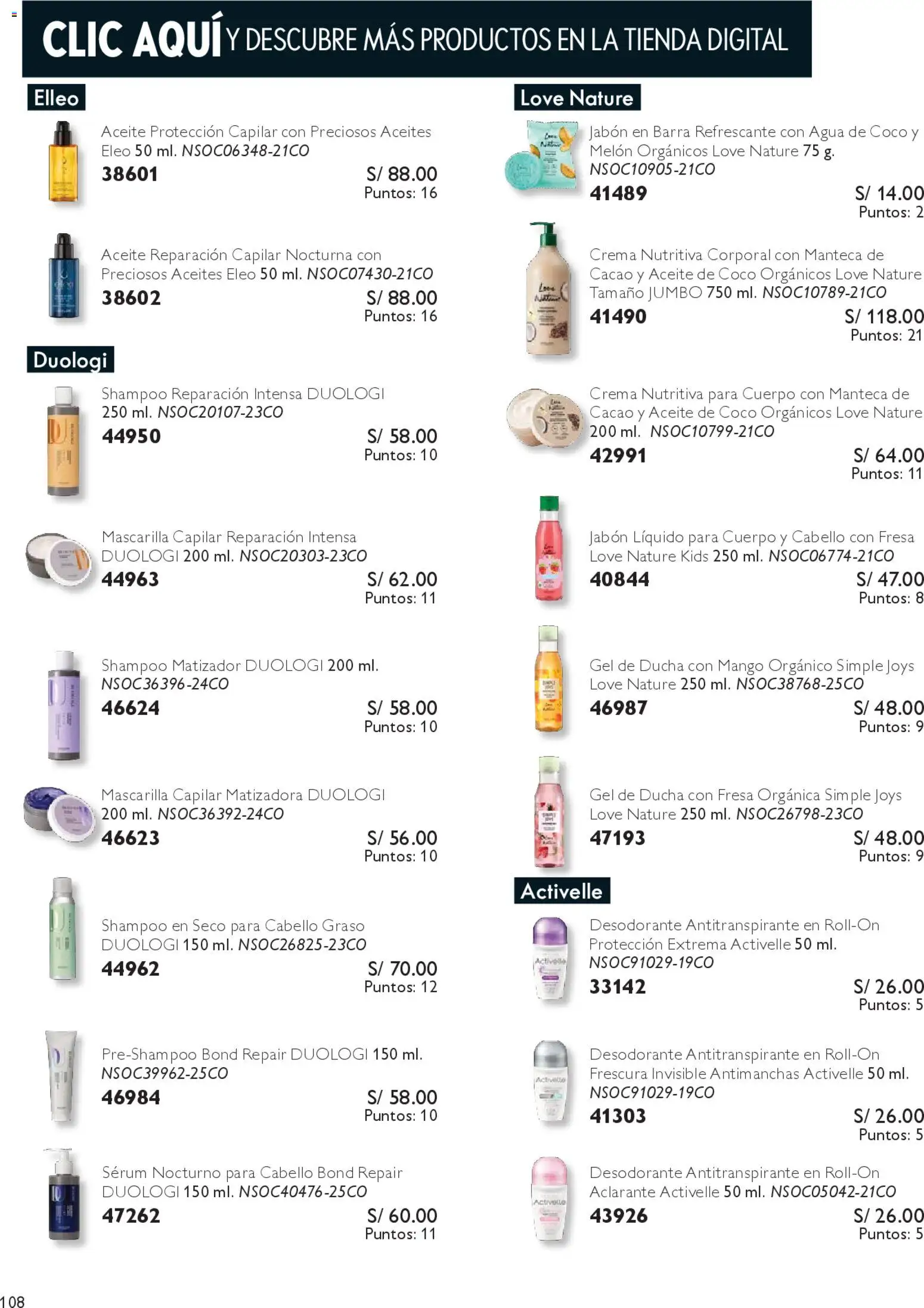 Catálogo Natura válido desde 13.01.2026 | Página: 108 | Productos: Shampoo, Desodorante, Antitranspirante, Aceite