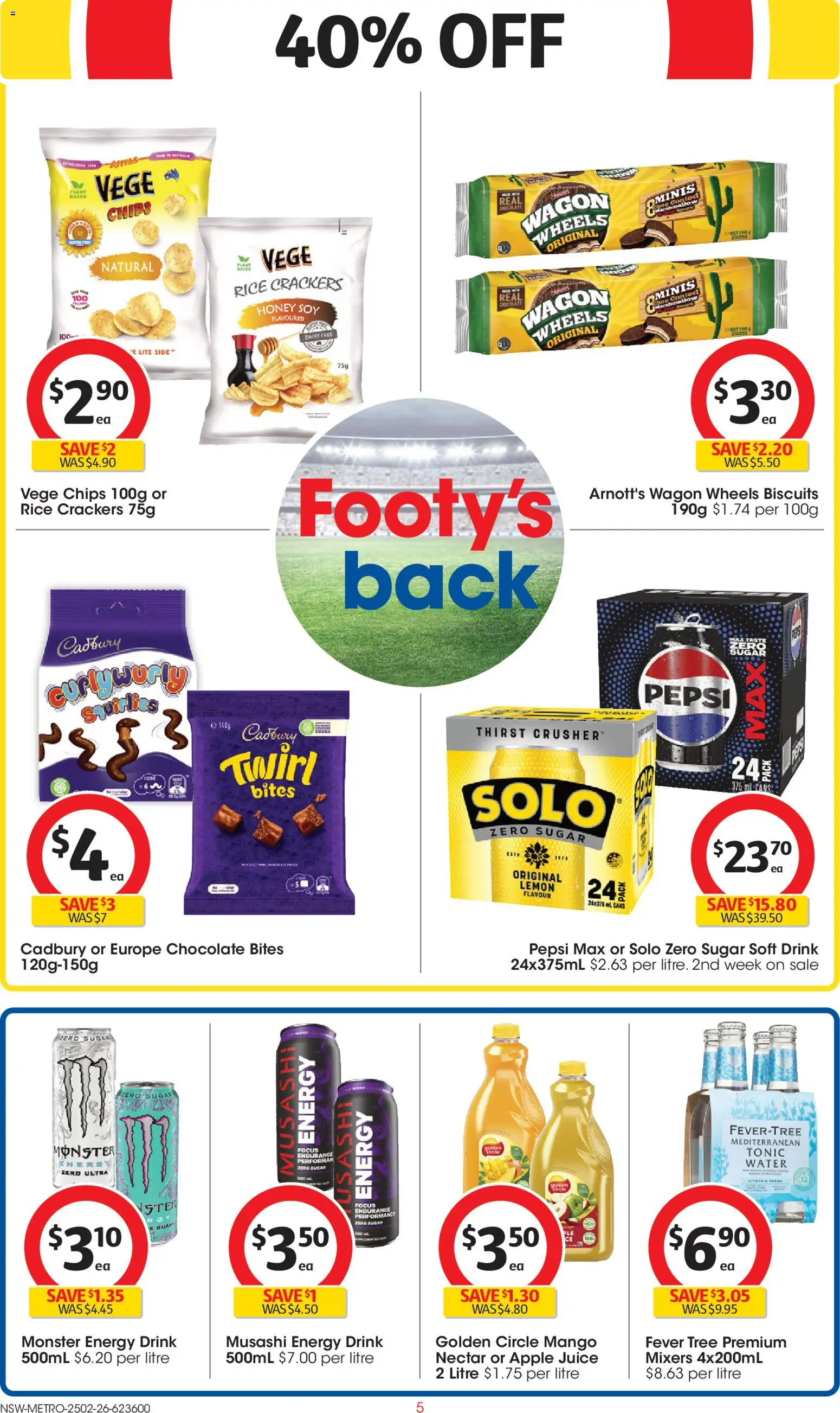 Coles catalogue - valid from 25.02.2026 | Page: 5 | Products: Crackers, Energy drink, Chips, Lemon