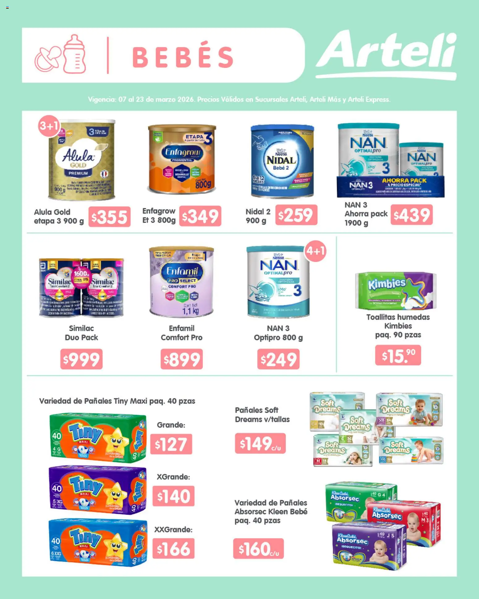 Nuevas ofertas de Arteli válidas en toda la República Mexicana desde el 07.03.2026. ¡Encuentra las mejores ofertas en Arteli folleto Quincenal! | Página: 13 | Productos: Toallitas húmedas, Pañales