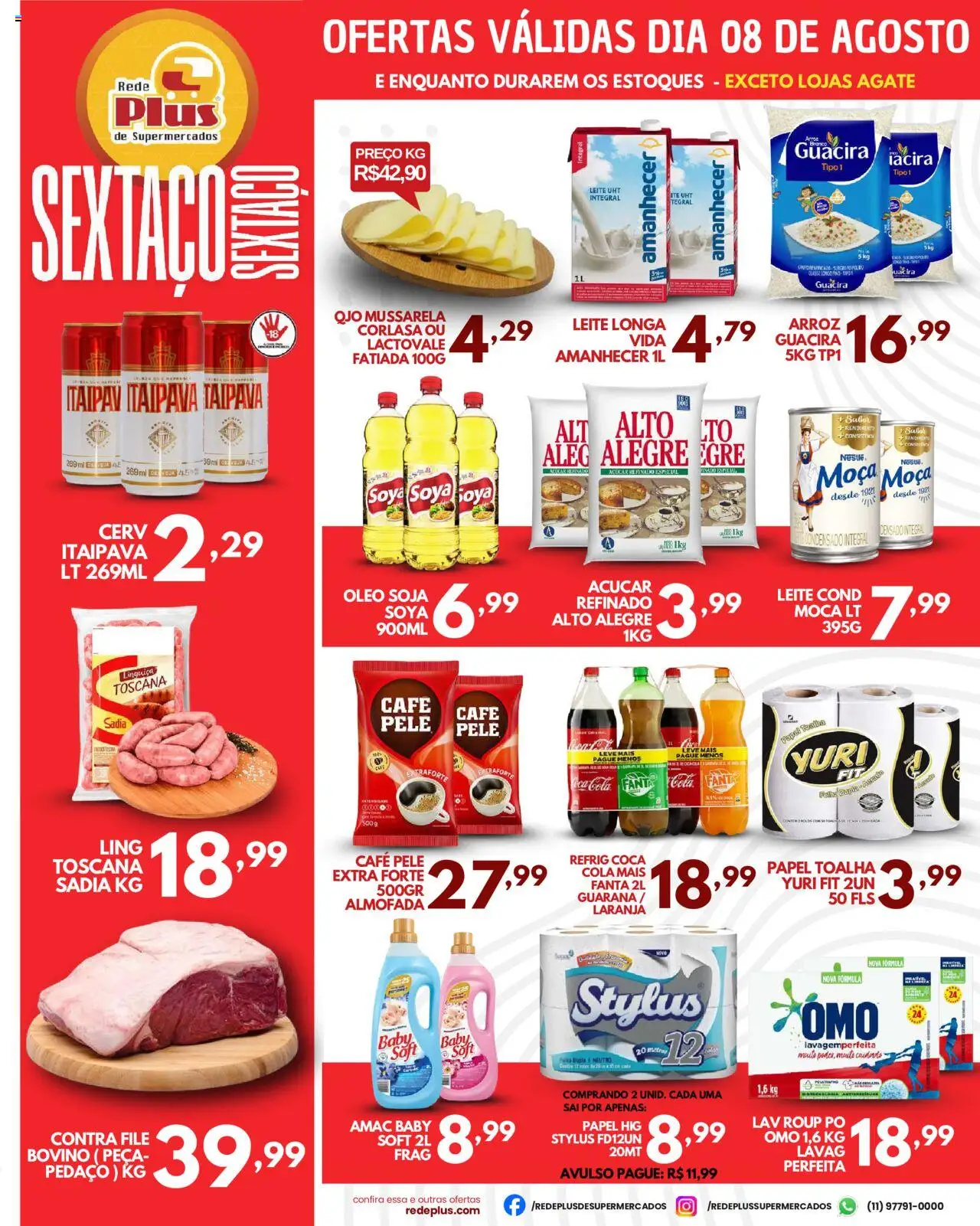 Rede Plus Supermercados Folheto - válido de 07.08.2025 | Página: 3 | Produtos: Pó, Contra filé, Arroz, Mussarela