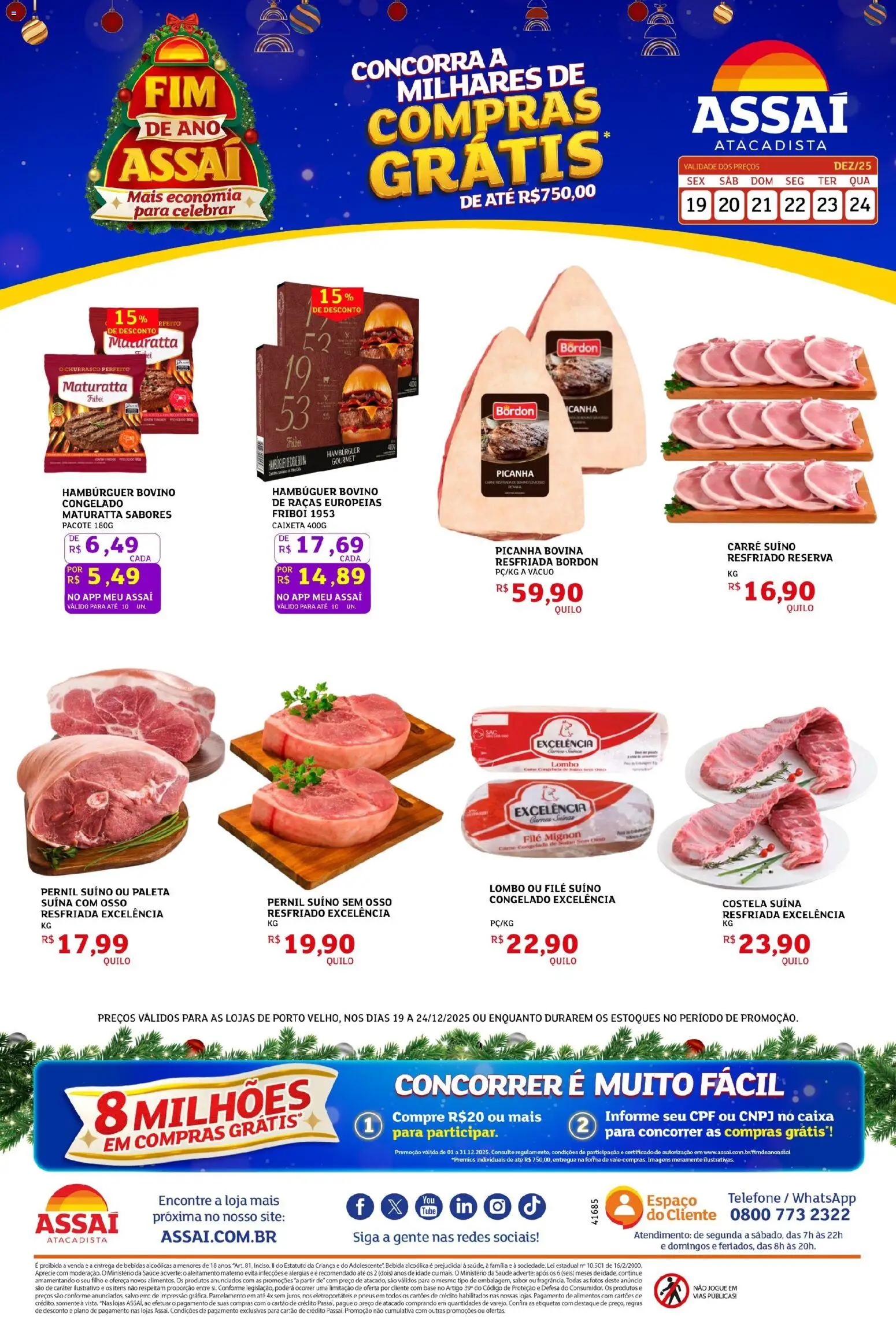Assaí Atacadista Folheto - válido de 19.12.2025 | Página: 1 | Produtos: Filé mignon, Lombo, Hambúrguer, Telefone