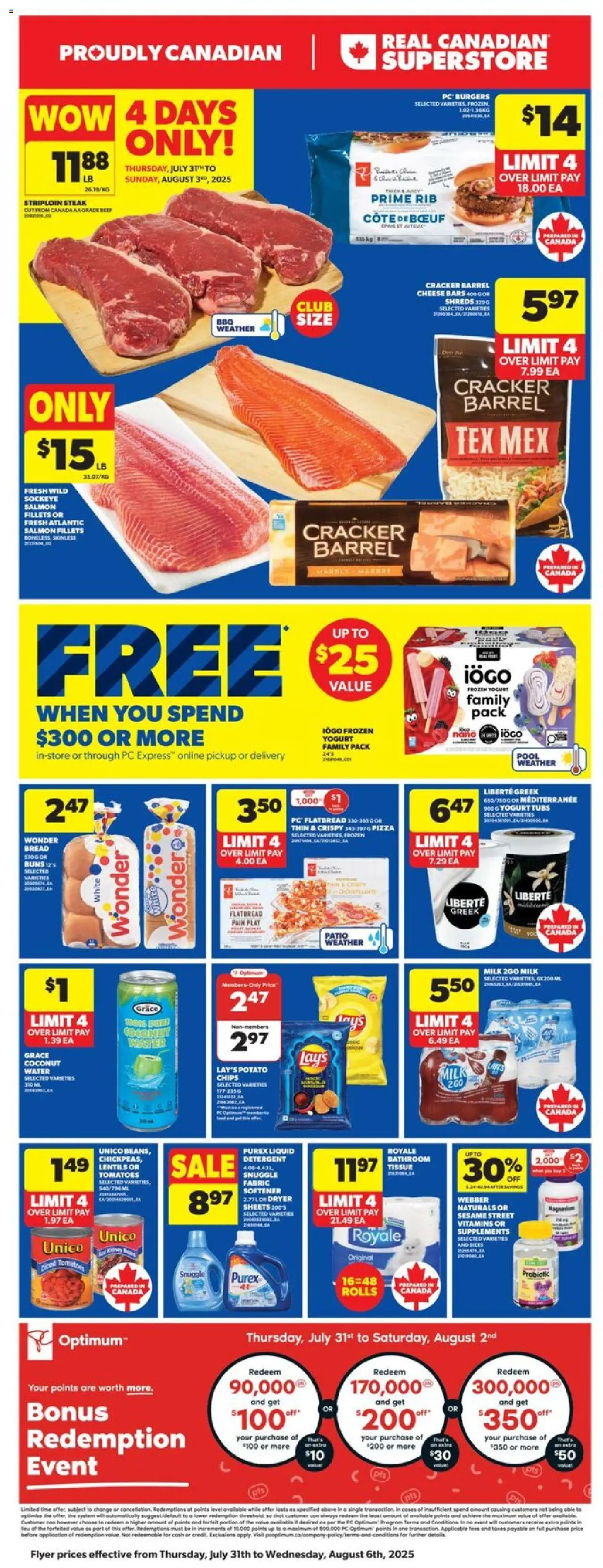 Real Canadian Superstore flyer valid from 31.07.2025 | Page: 4 | Products: Chips, PC, Milk, Cheese