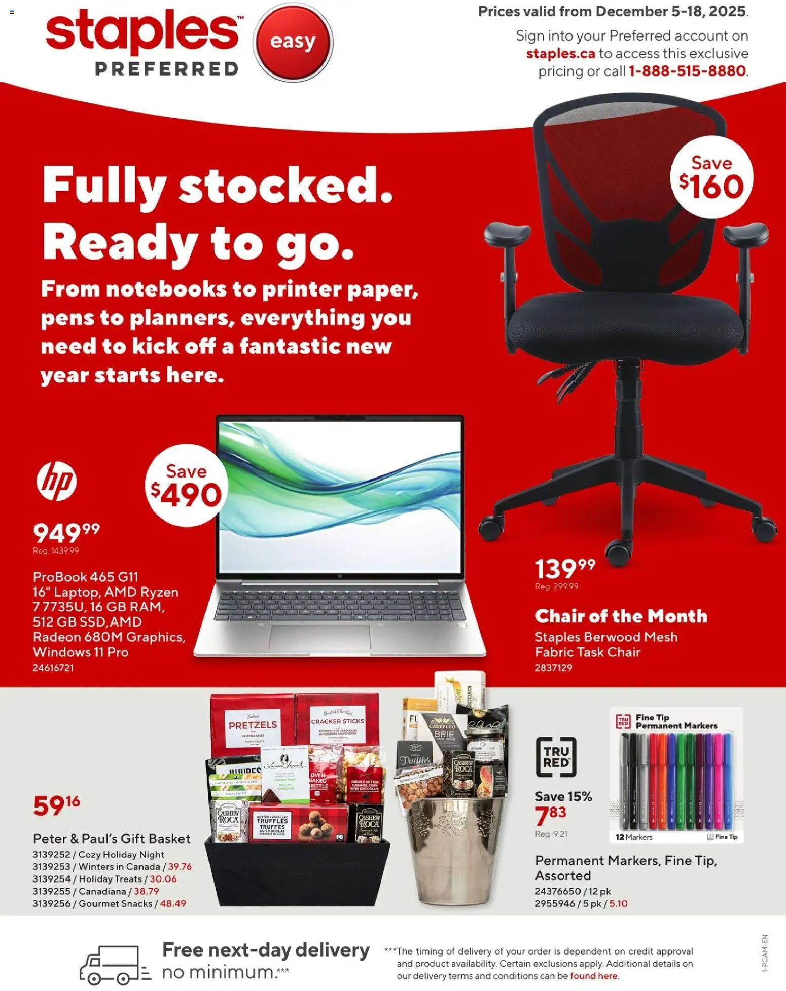 Staples flyer valid from 05.12.2025 | Page: 1 | Products: Printer, Oven, Chair, Chocolate