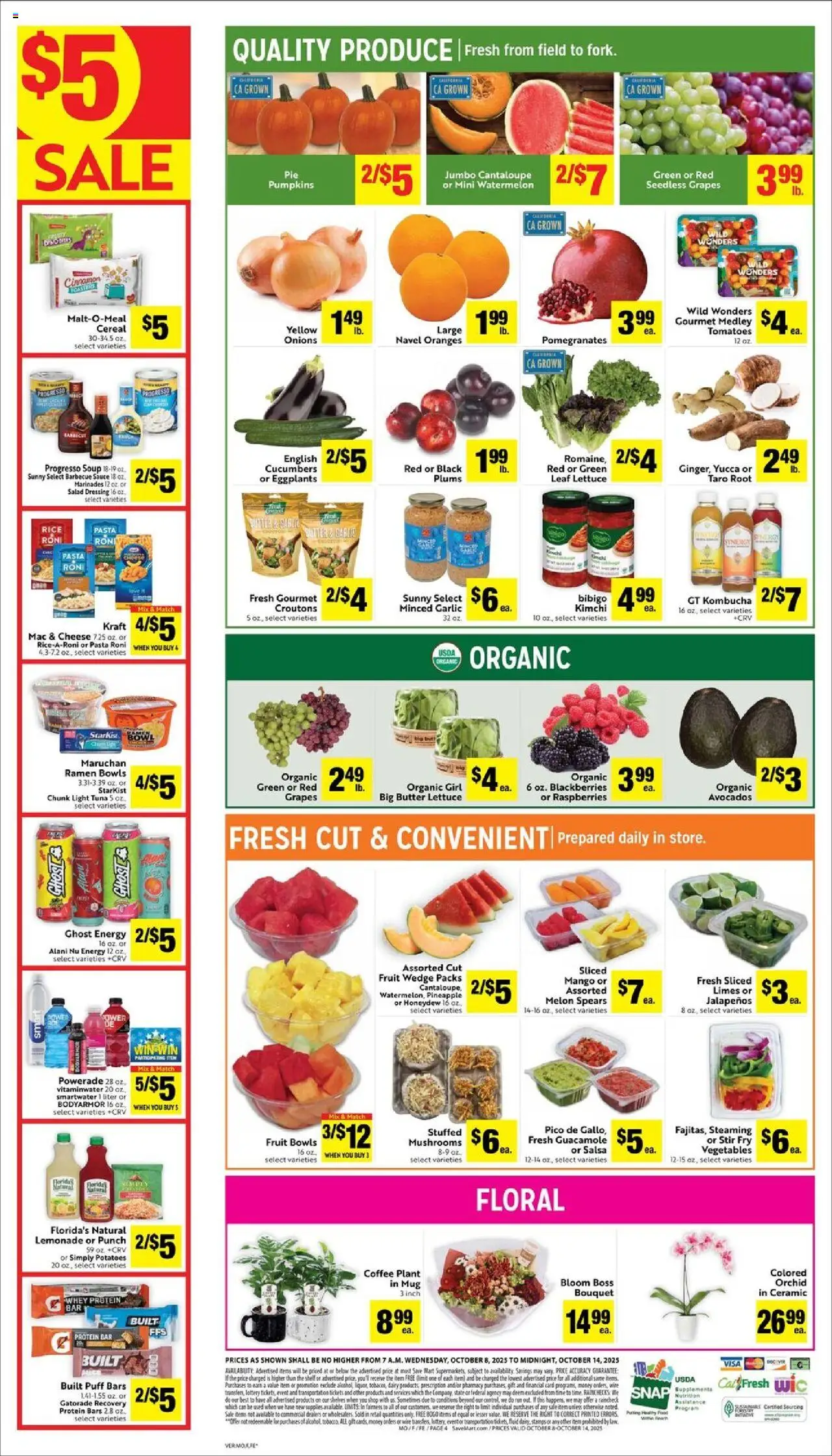Save Mart Weekly - CA - valid from 08.10.2025 | Page: 4 | Products: Coffee, Pasta, Salad, Vegetables