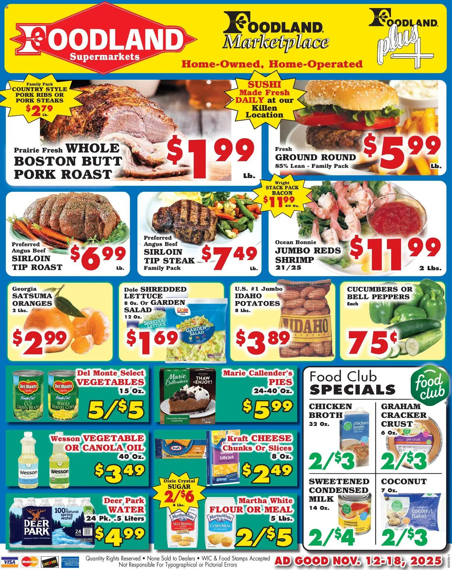 Foodland Weekly Ad - Supermarkets - valid from 12.11.2025 | Page: 1 | Products: Milk, Cheese, Pork, Vegetables