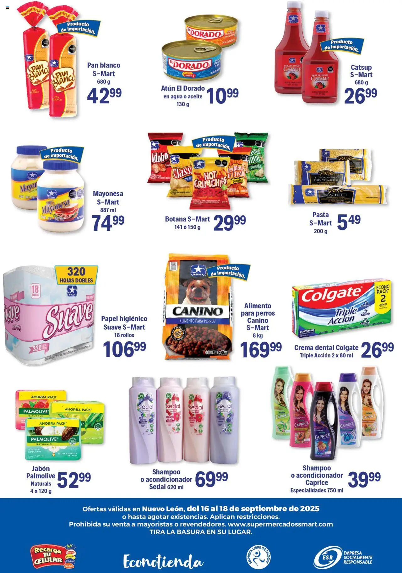 Nuevas ofertas de S-Mart válidas en toda la República Mexicana desde el 16.09.2025. ¡Encuentra las mejores ofertas en S-Mart - Folleto - Monterrey! | Página: 6 | Productos: Aceite, Pasta, Catsup, Papel higiénico