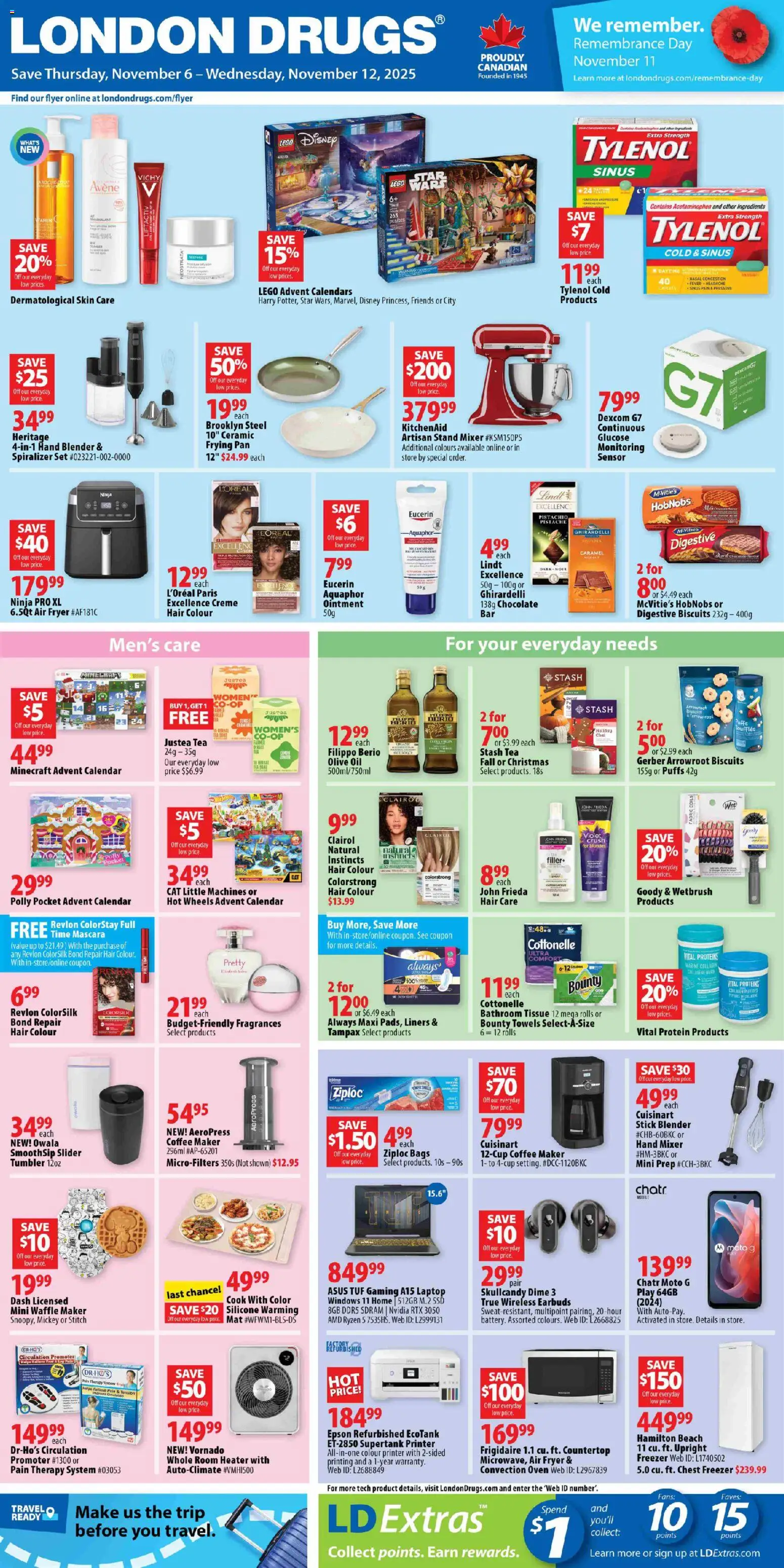 London Drugs flyer valid from 06.11.2025 | Page: 1 | Products: Printer, Freezer, Coffee maker, Chocolate
