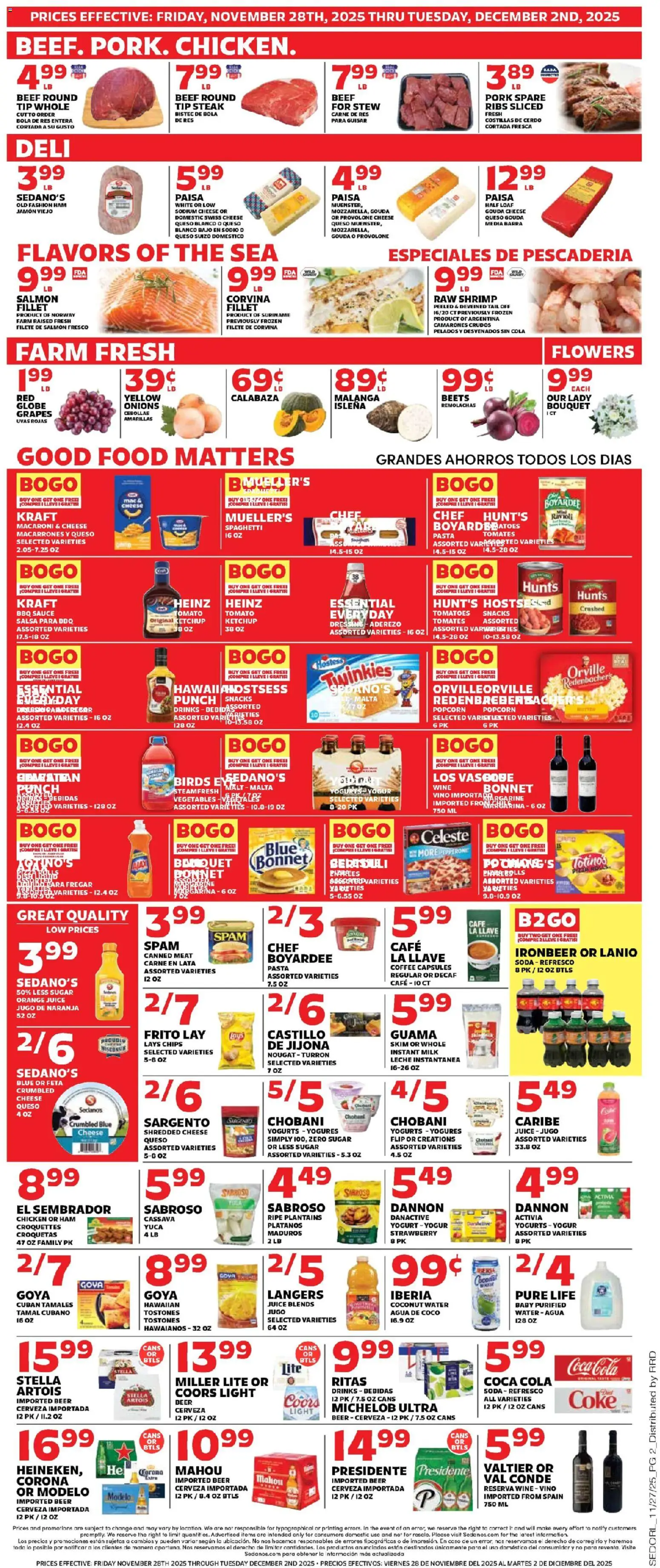 Sedano's Weekly Ad - valid from 28.11.2025 | Page: 2 | Products: Cheese, Coffee, Tomatoes, Pasta