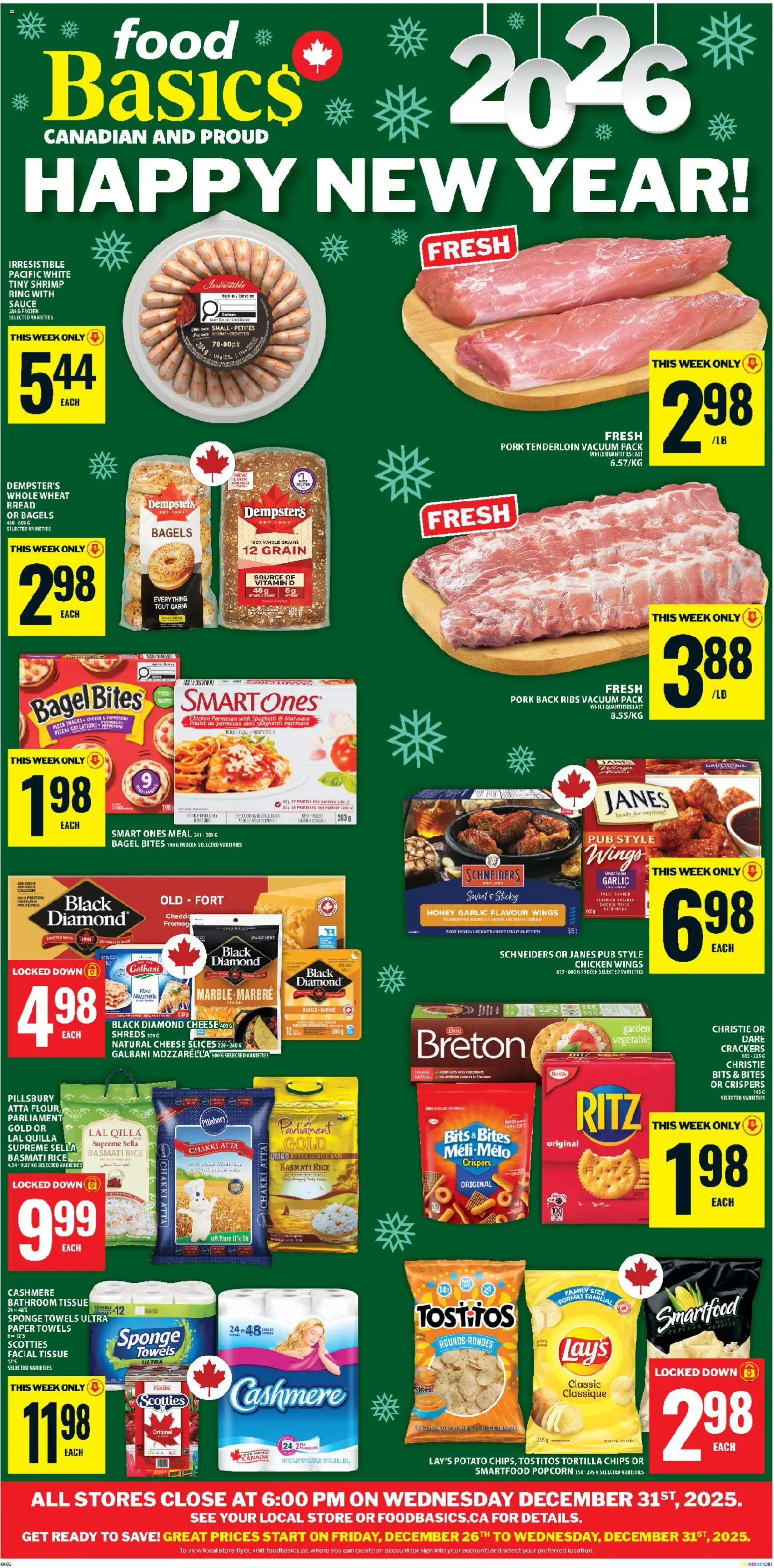 Food Basics flyer valid from 25.12.2025 | Page: 1 | Products: Chicken wings, Sponge, Cheese, Bread