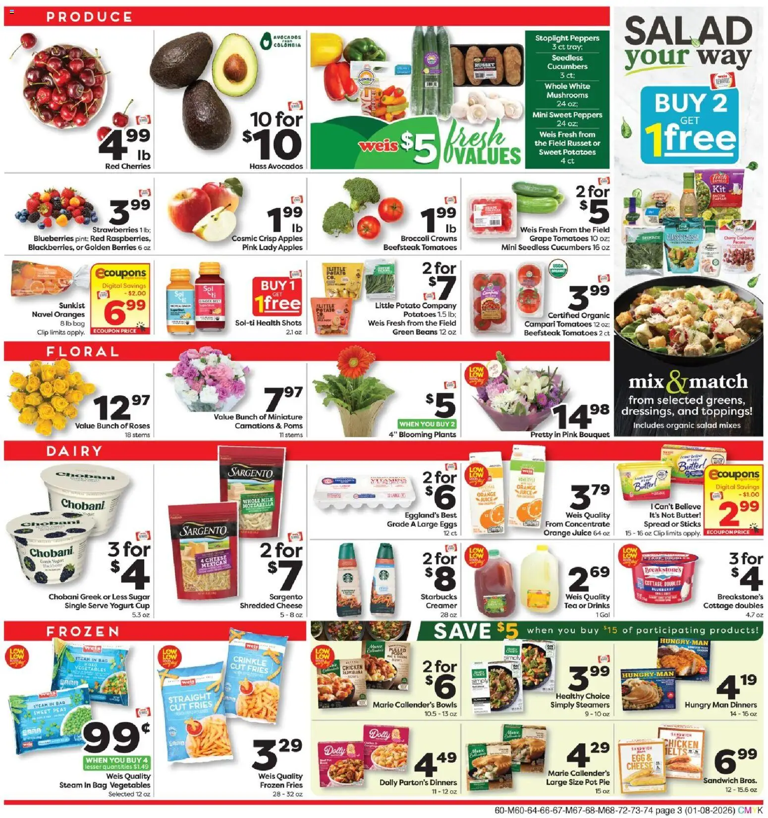 Weis Weekly Circular - WV - valid from 08.01.2026 | Page: 3 | Products: Broccoli, Berries, Yogurt, Tea