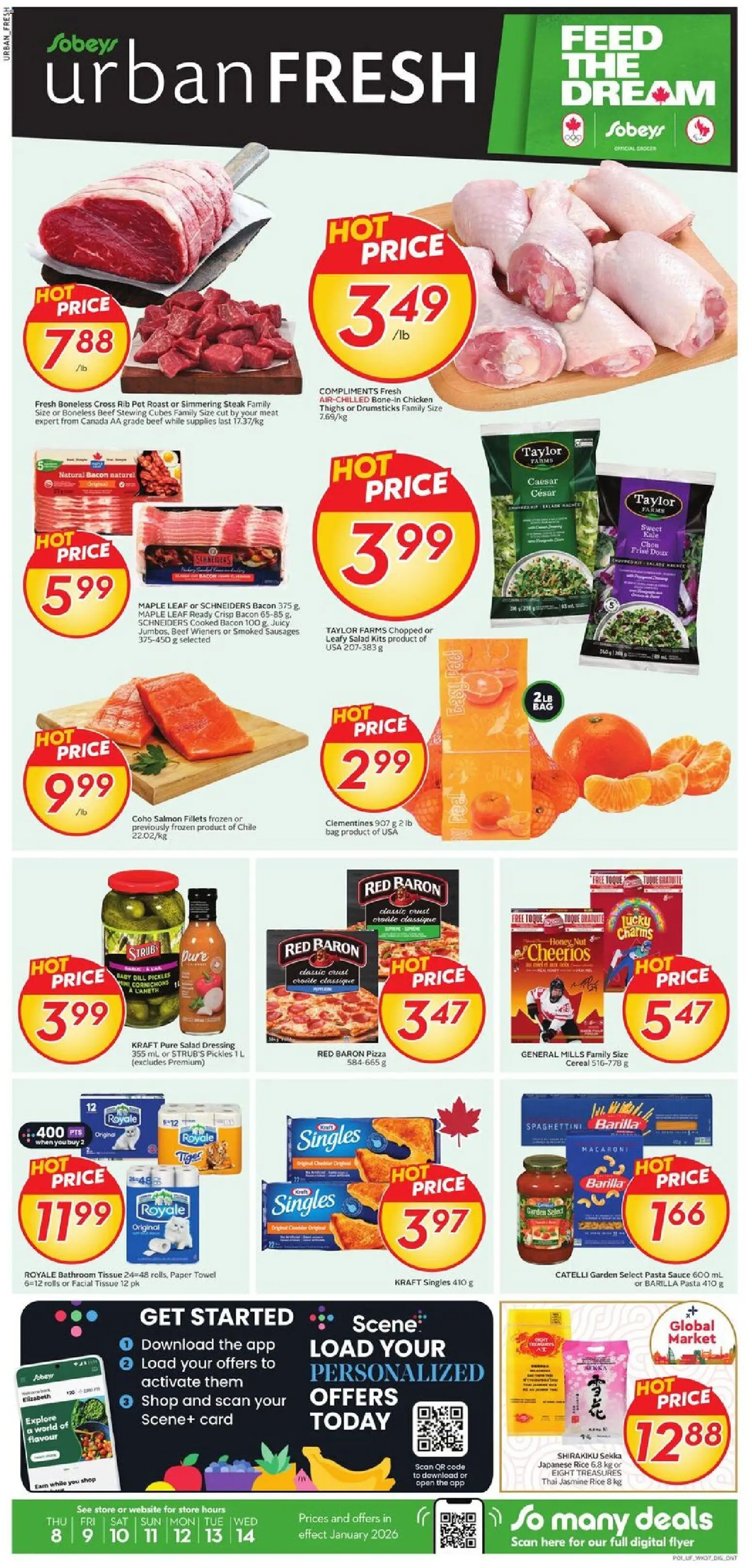 Sobeys flyer valid from 08.01.2026 | Page: 1 | Products: Beef, Bag, Pizza, Chicken