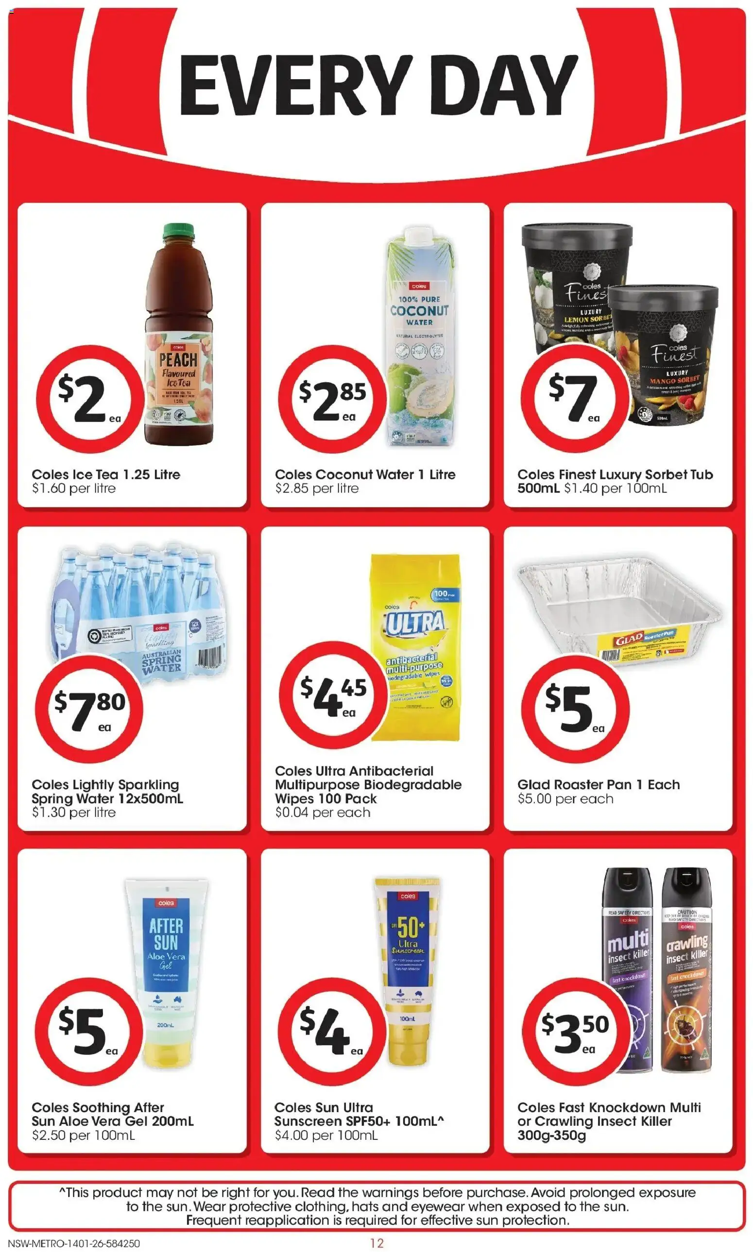 Coles catalogue - valid from 14.01.2026 | Page: 12 | Products: Sunscreen, Water, Peach, Multipurpose