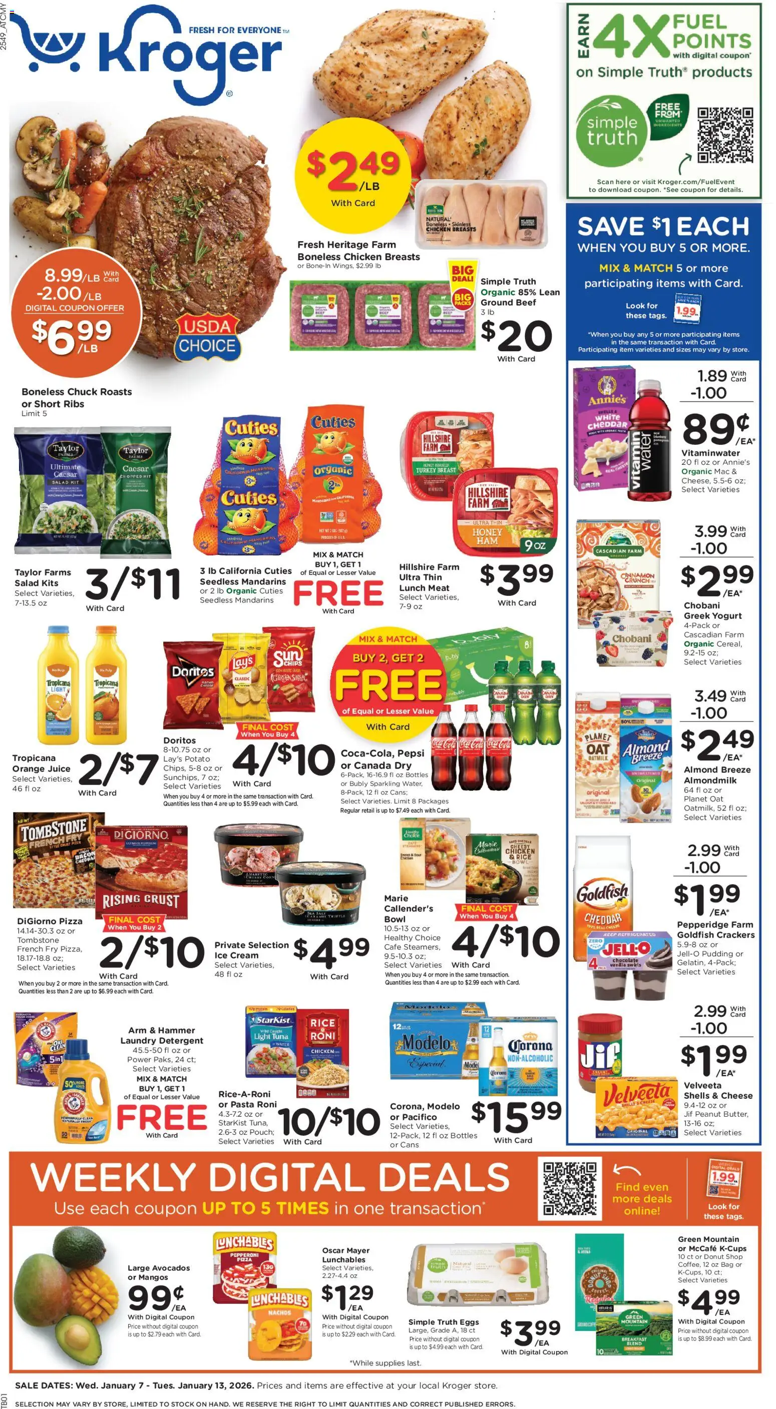 Kroger Weekly Ad - valid from 07.01.2026 | Page: 1 | Products: Cheese, Detergent, Pasta, Ice cream