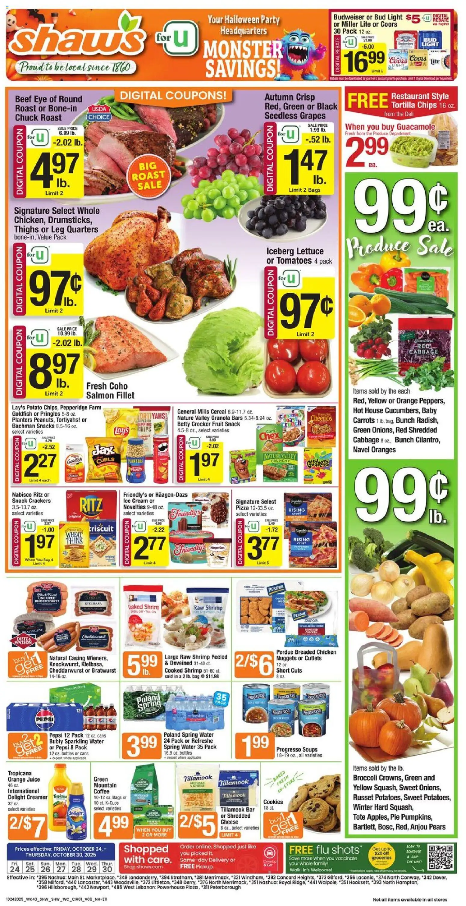 Shaw's Weekly Ad - NH - valid from 24.10.2025 | Page: 1 | Products: Lettuce, Cheese, Coffee, Pizza