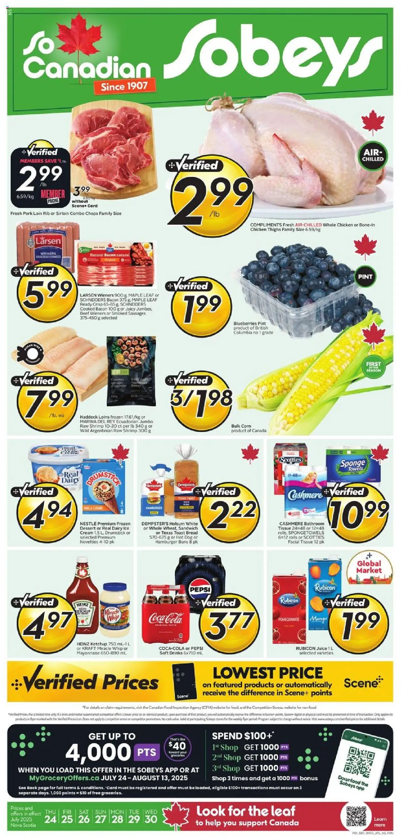 Sobeys flyer valid from 24.07.2025 | Page: 1 | Products: Beef, Ketchup, Chicken, Pork