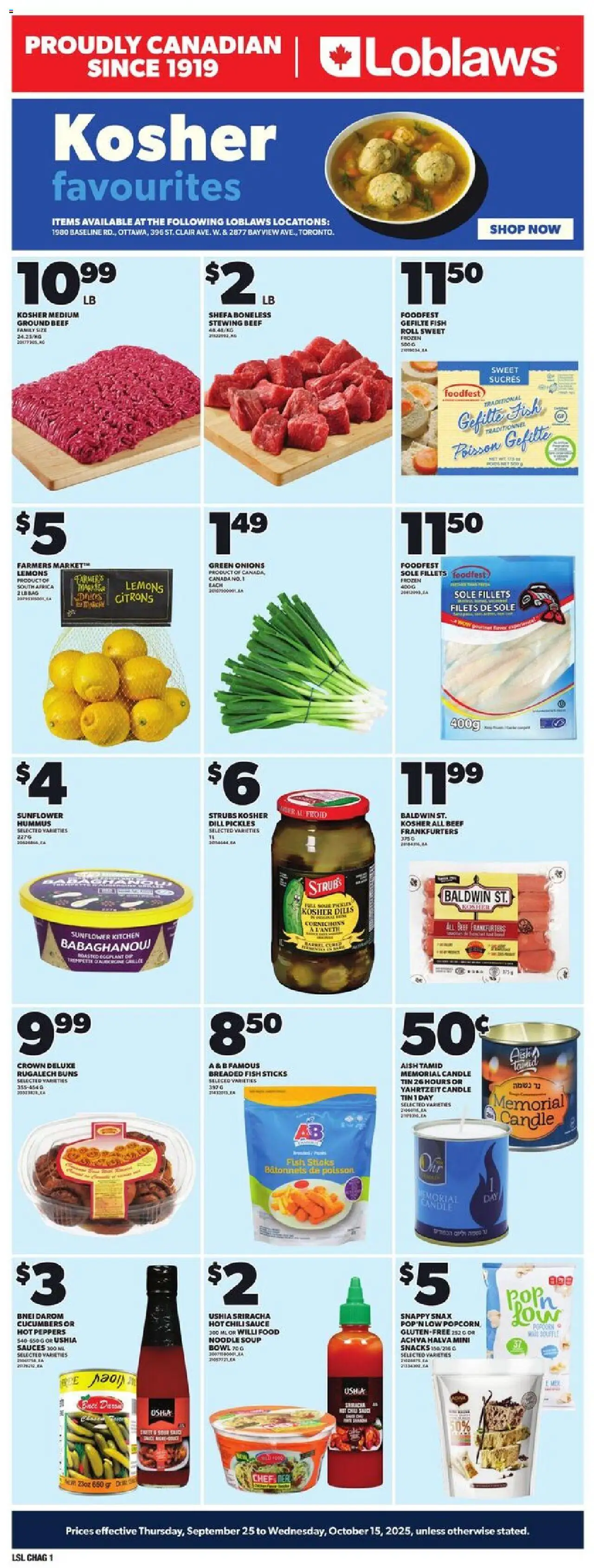 Loblaws flyer valid from 25.09.2025 | Page: 1 | Products: Fish, Beef, Cucumbers, Bag