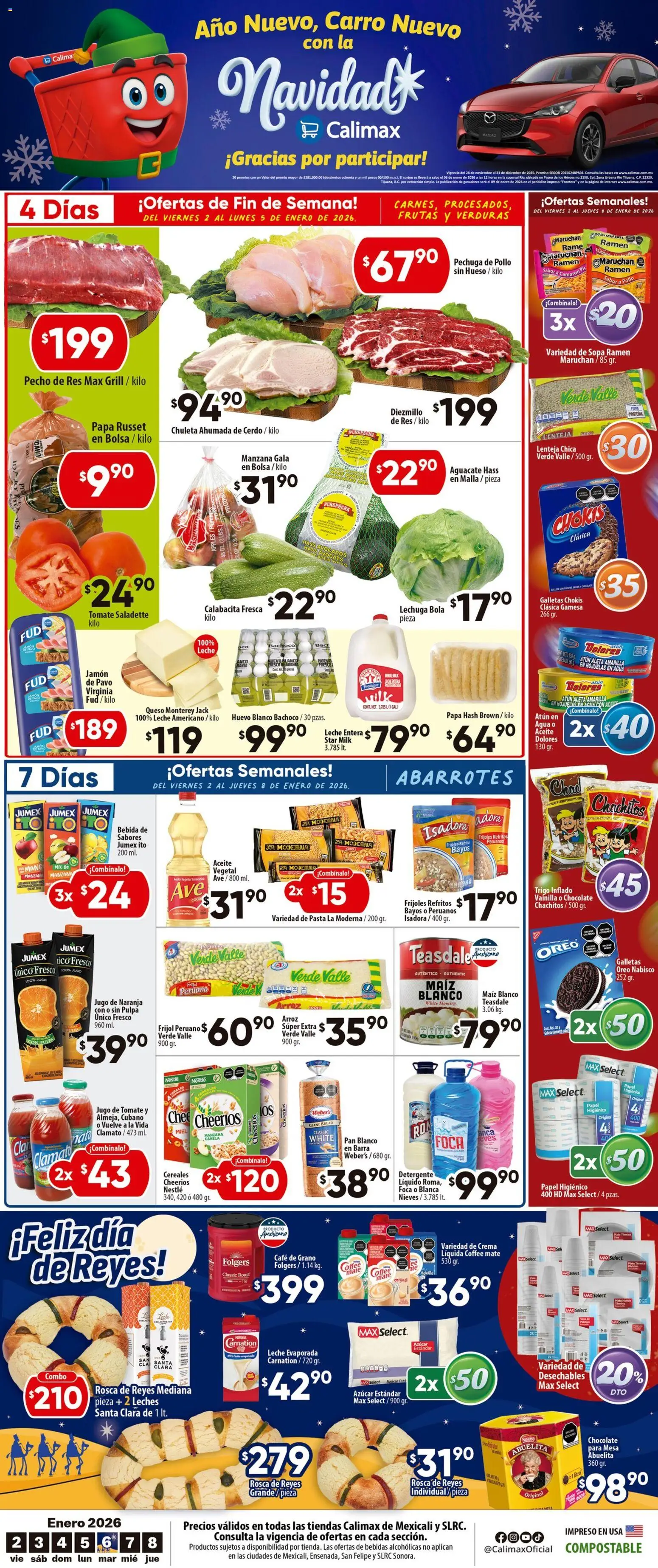 Nuevas ofertas de Calimax válidas en toda la República Mexicana desde el 02.01.2026. ¡Encuentra las mejores ofertas en Calimax folleto Mexicali y SLRC! | Página: 1 | Productos: Bolsa, Chocolate, Jugo, Papel higiénico